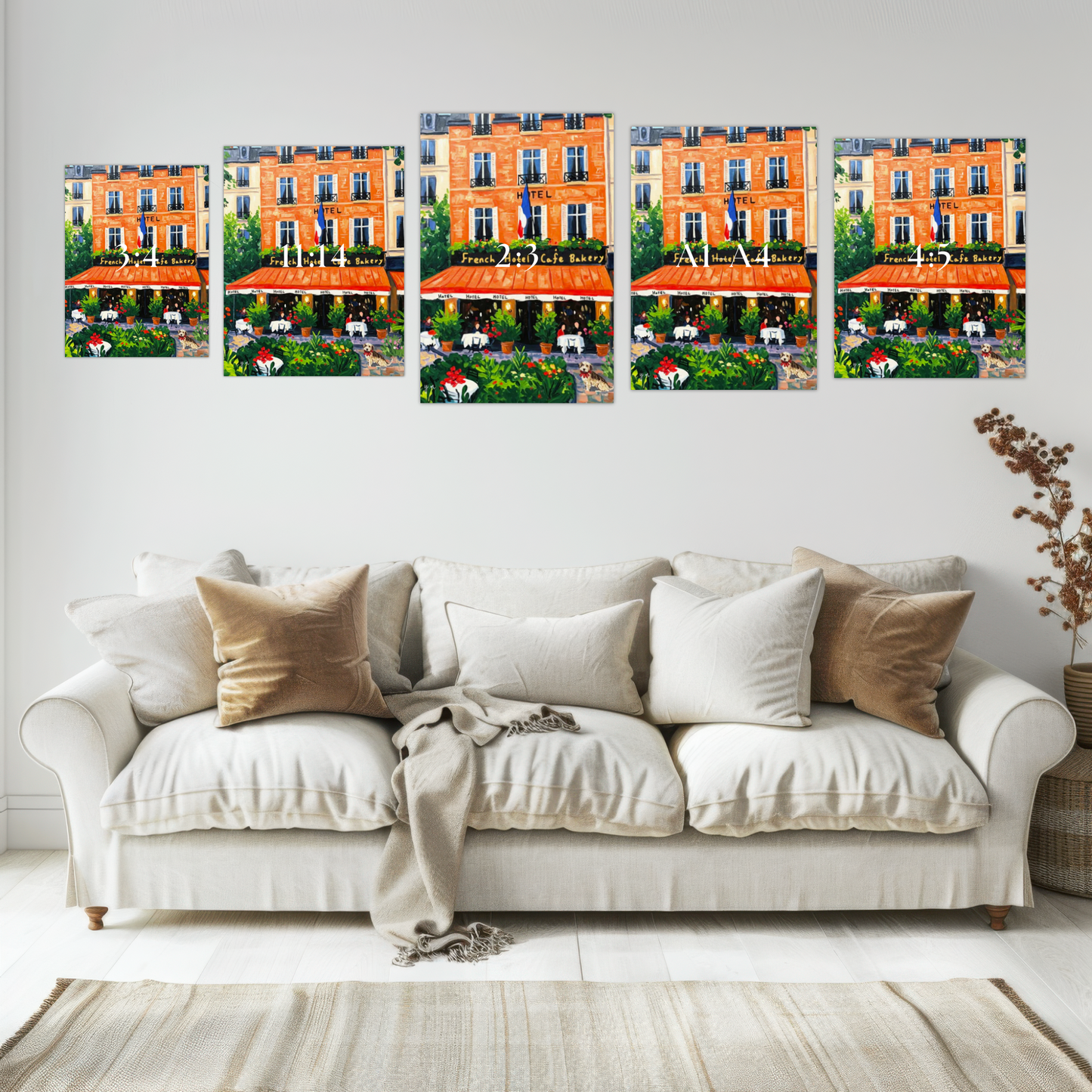 French Hotel Lobby Café Cozy Orange Interior with Garden and Cute Dog Poster, Breakfast Art, Brunch Café Interior Illustration