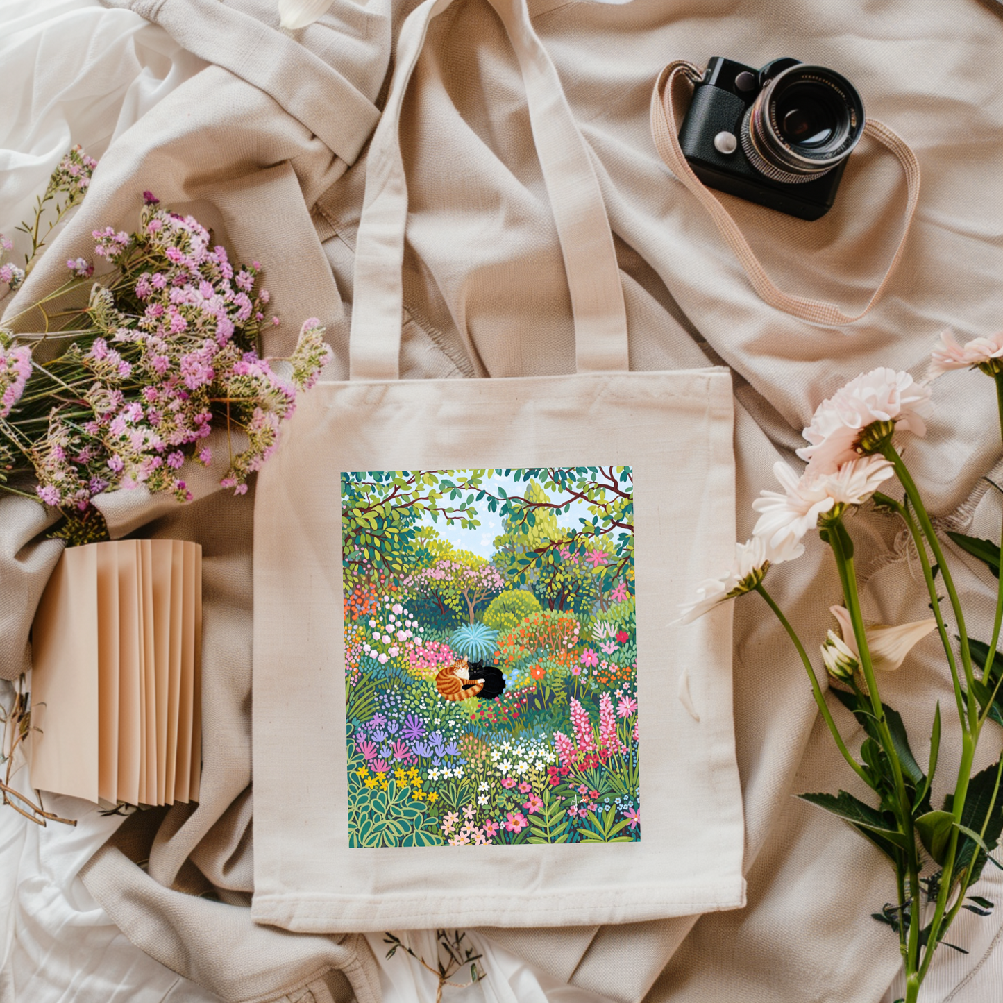 Floral Garden Tote Bag - Eco-Friendly Carryall for Nature Lovers, Reusable Shopping Bag, Gift for Her, Summer Outings, Art-Inspired, Cute Cat Couple Tote Bag