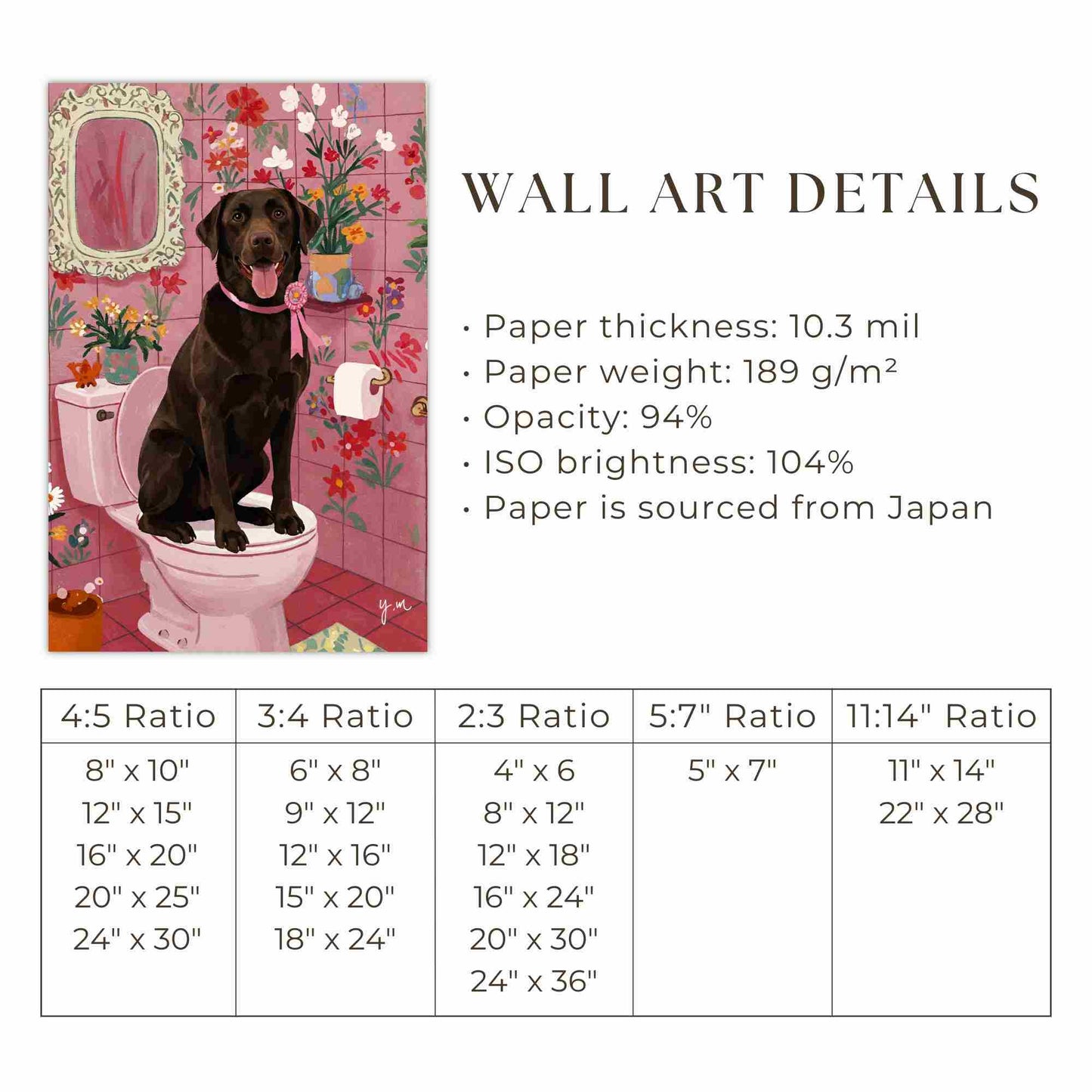 Whimsical chocolate lab bathroom art print pink floral illustration funny dog artwork home decor wall art Poster