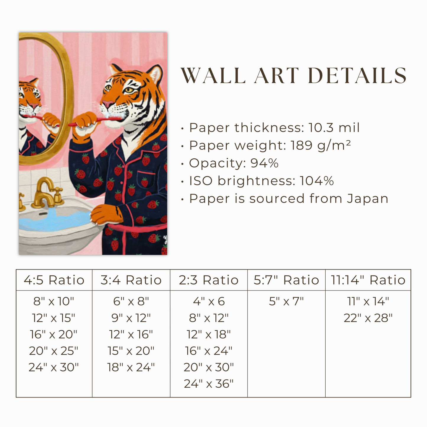 Tiger brushing teeth in pink bathroom mirror cute animal illustration fun kids room art print wall decor gift Poster