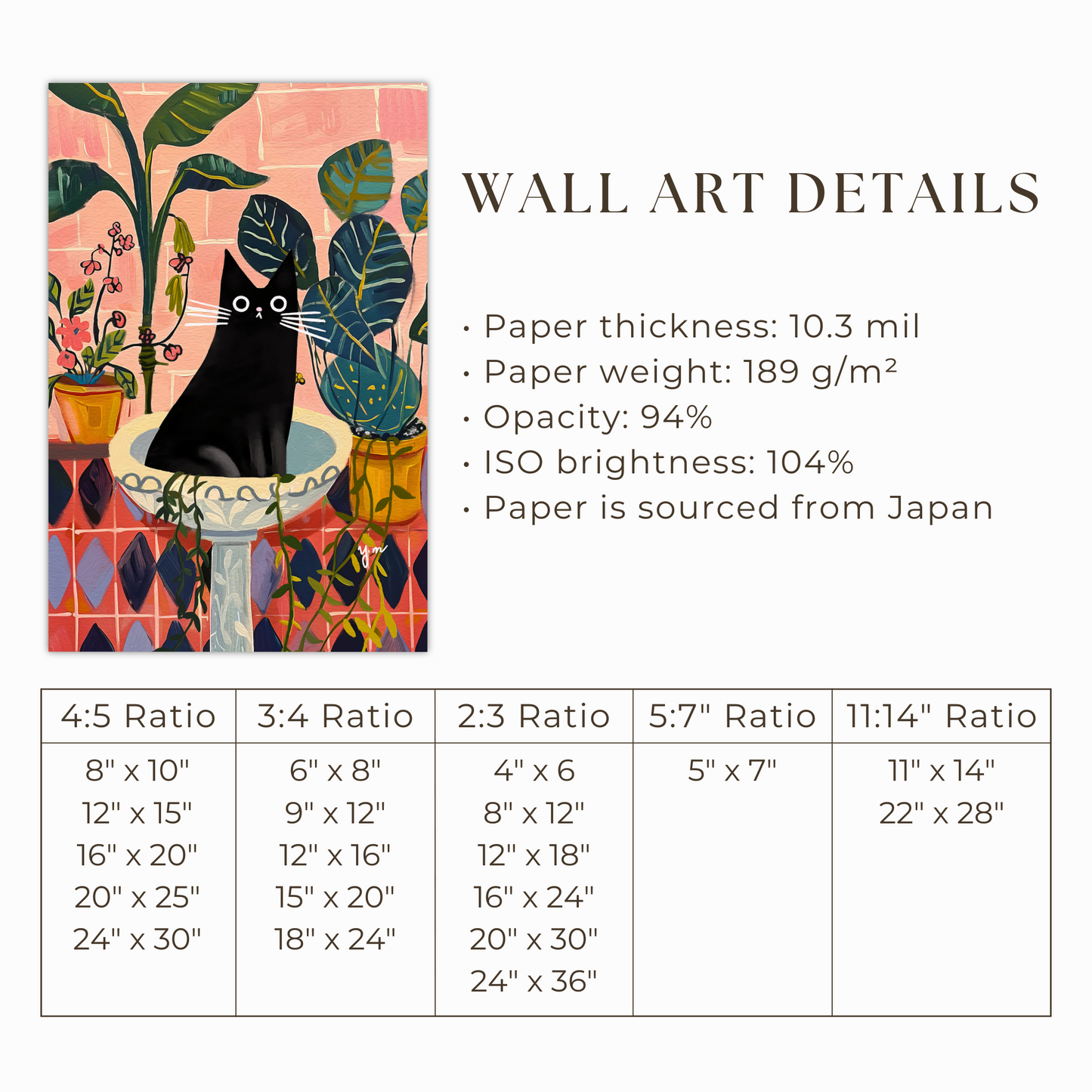 Black Cat Art Print in Tropical Indoor Garden Whimsical Illustration for Plant and Cat Lovers