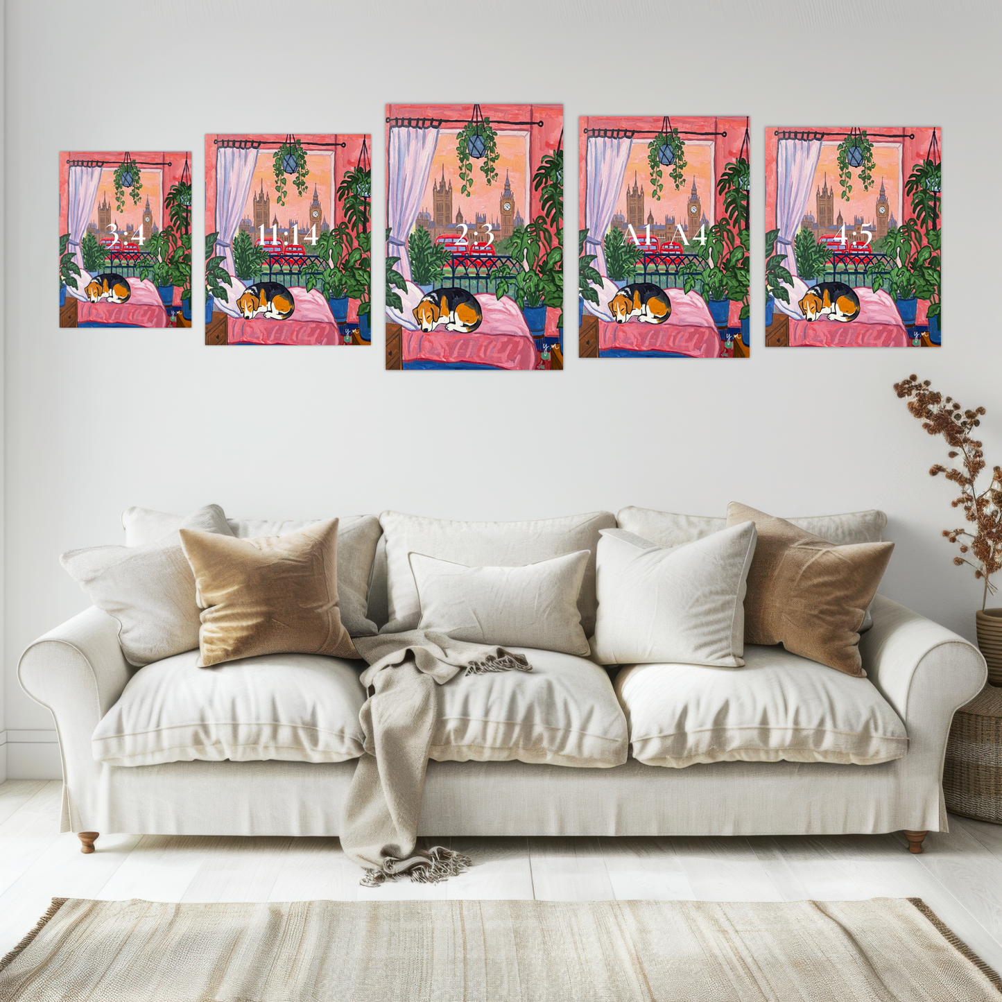 Sleeping dog on bed in a cozy plant filled room with a beautiful view of London cityscape Poster
