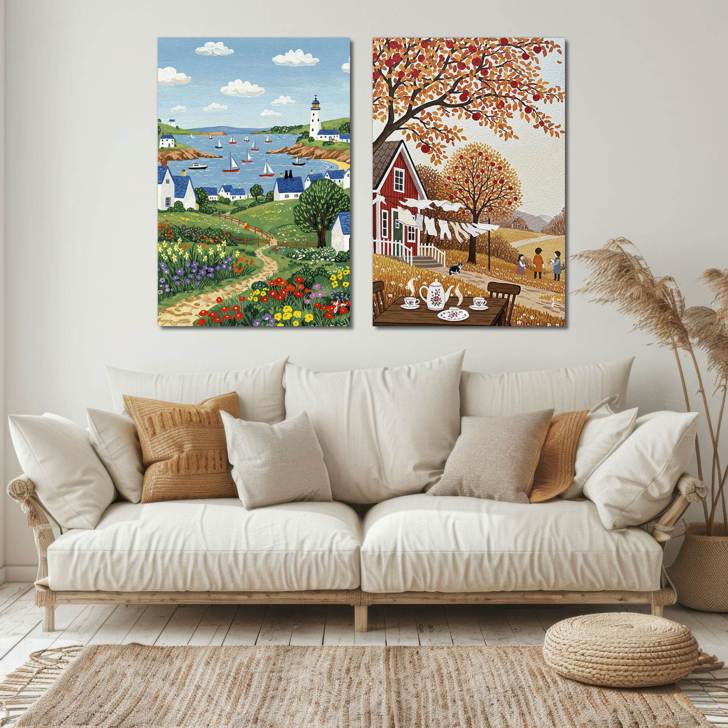 Couple Cat on the Roof Countryside Ocean Landscape Painting Countryside Sea Lighthouse Handdrawn Coastal Wildflower Field Beach Illustration