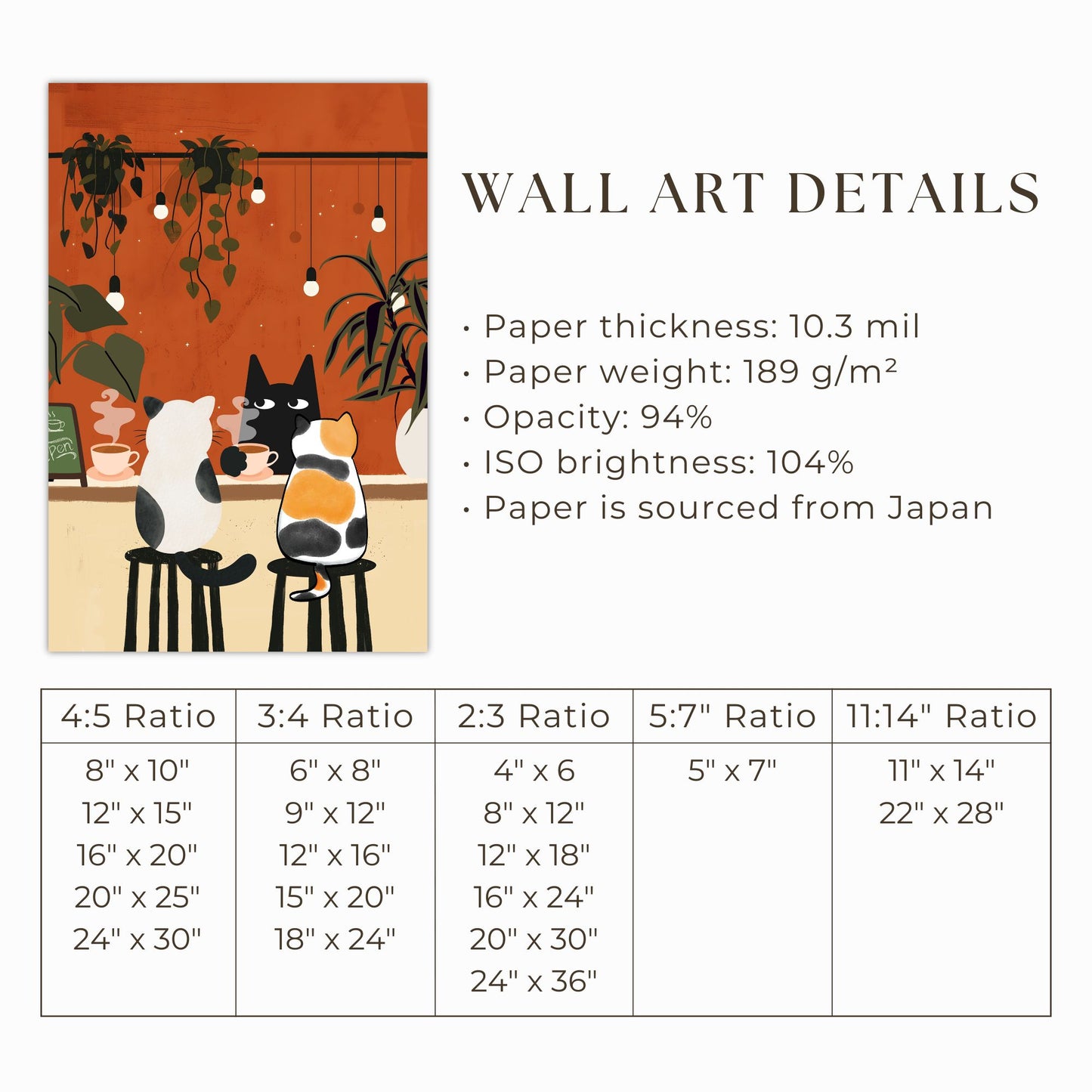 Cozy Cat Café Wall Art Print with Calico and Black Cats Drinking Coffee in Warm Autumn Colors Poster