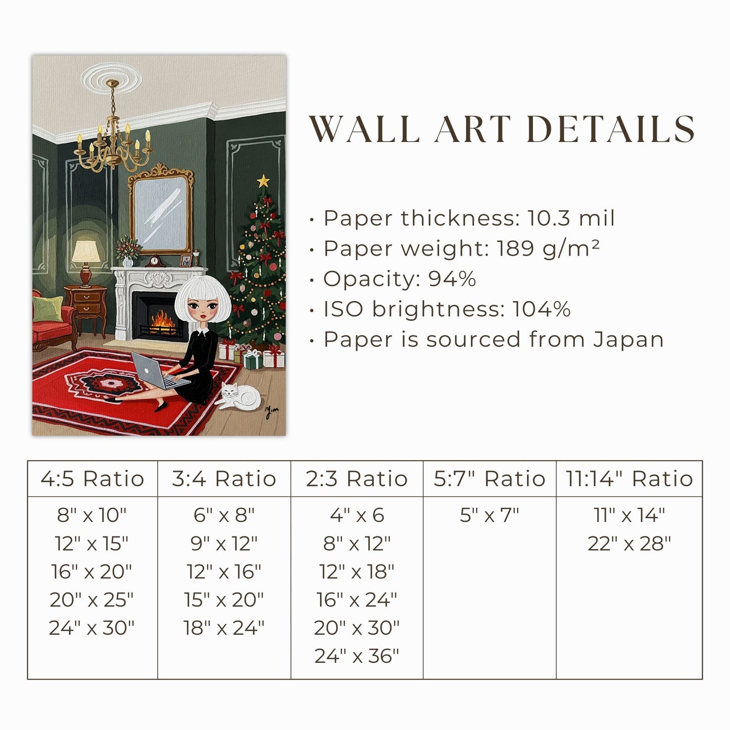Elegant Christmas Interior Illustration with Woman Cat Fireplace and Festive Holiday Tree Art Print