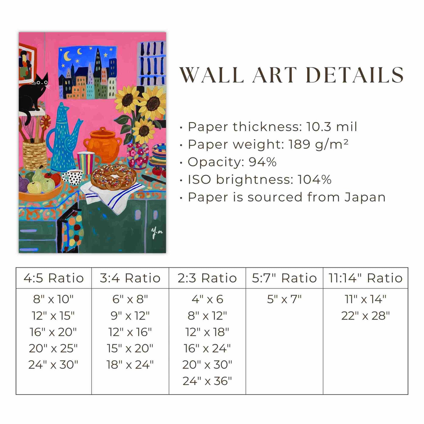 Colorful Whimsical Kitchen Art with Black Cat Sunflowers and Pastry by YunaMoona Poster