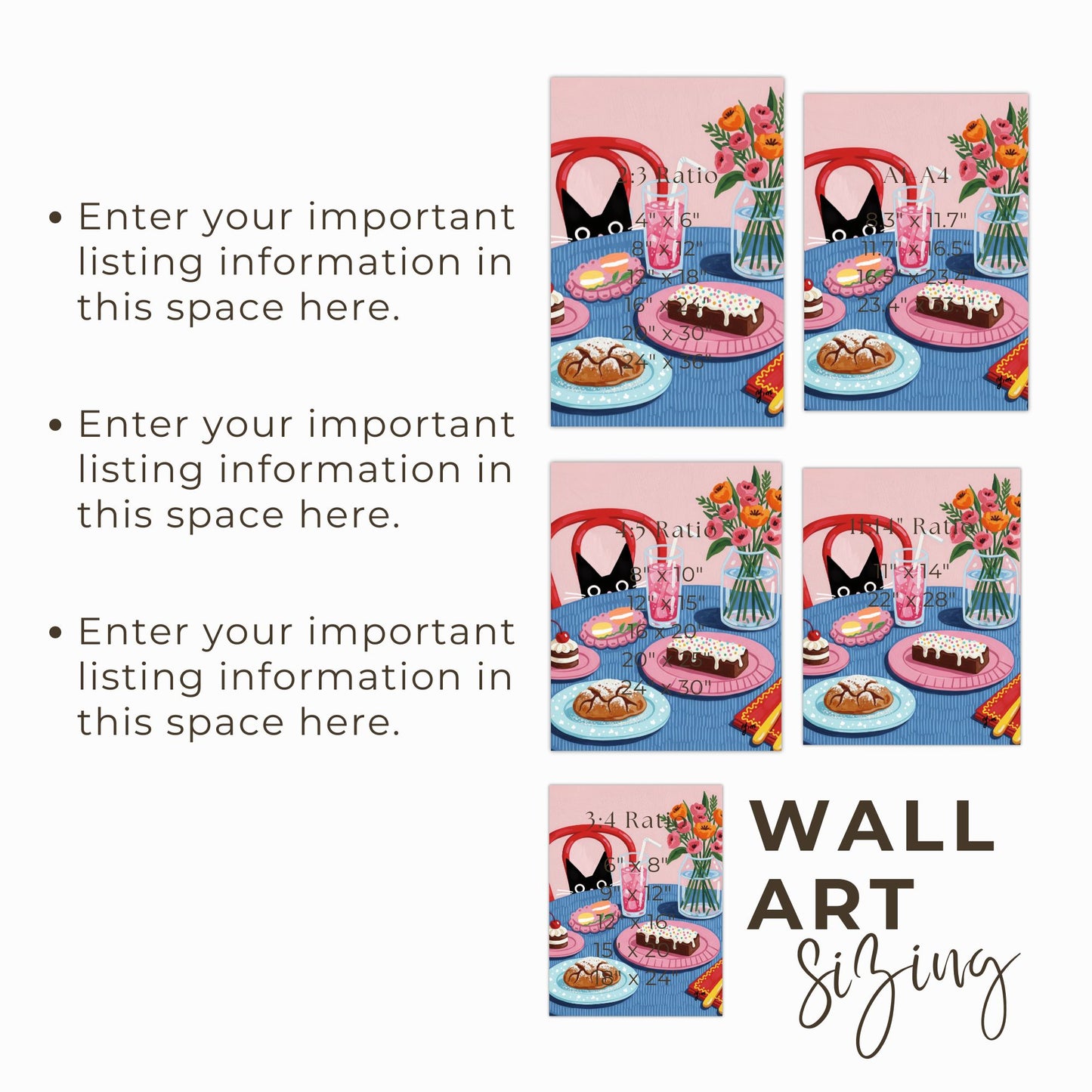 Curious Cat Dessert Table Art Print – Whimsical Sweets and Floral Illustration Poster