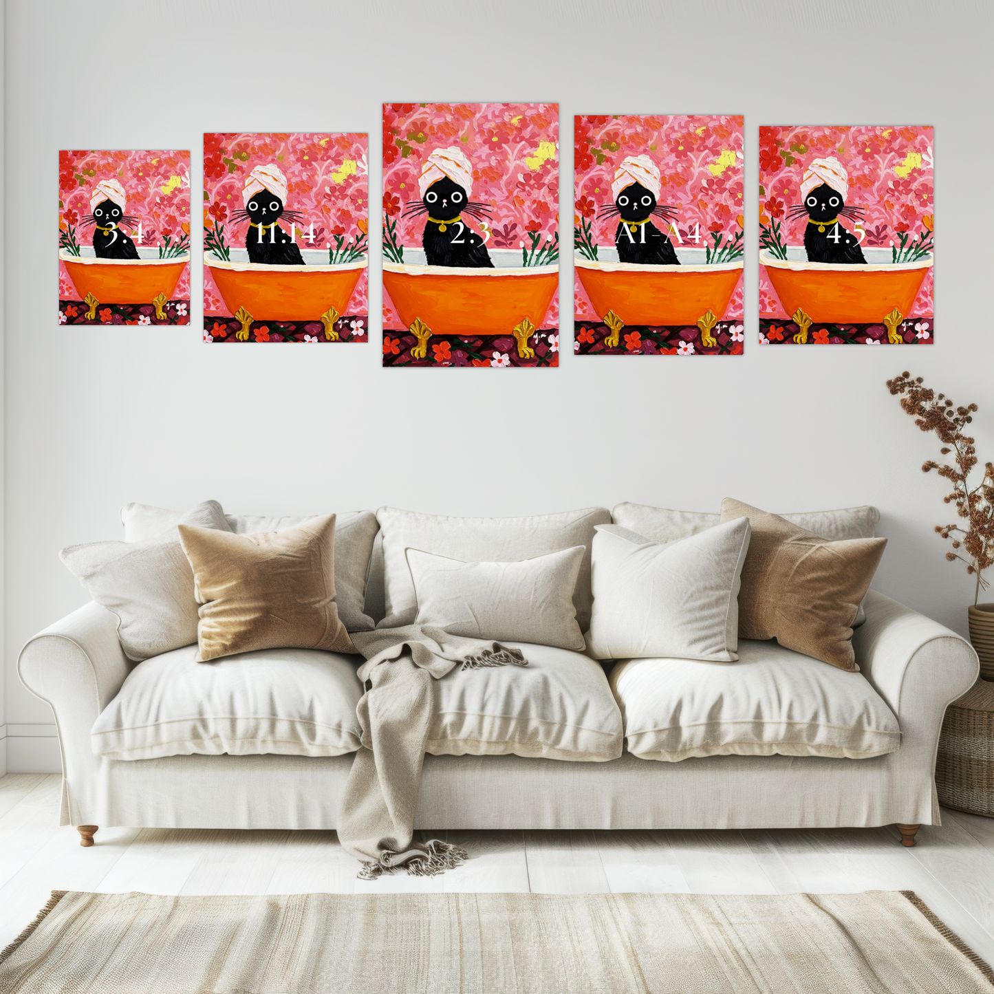 Black cat taking a bath in vivid orange pink minimal bathtub art print modern wall decor for bathroom