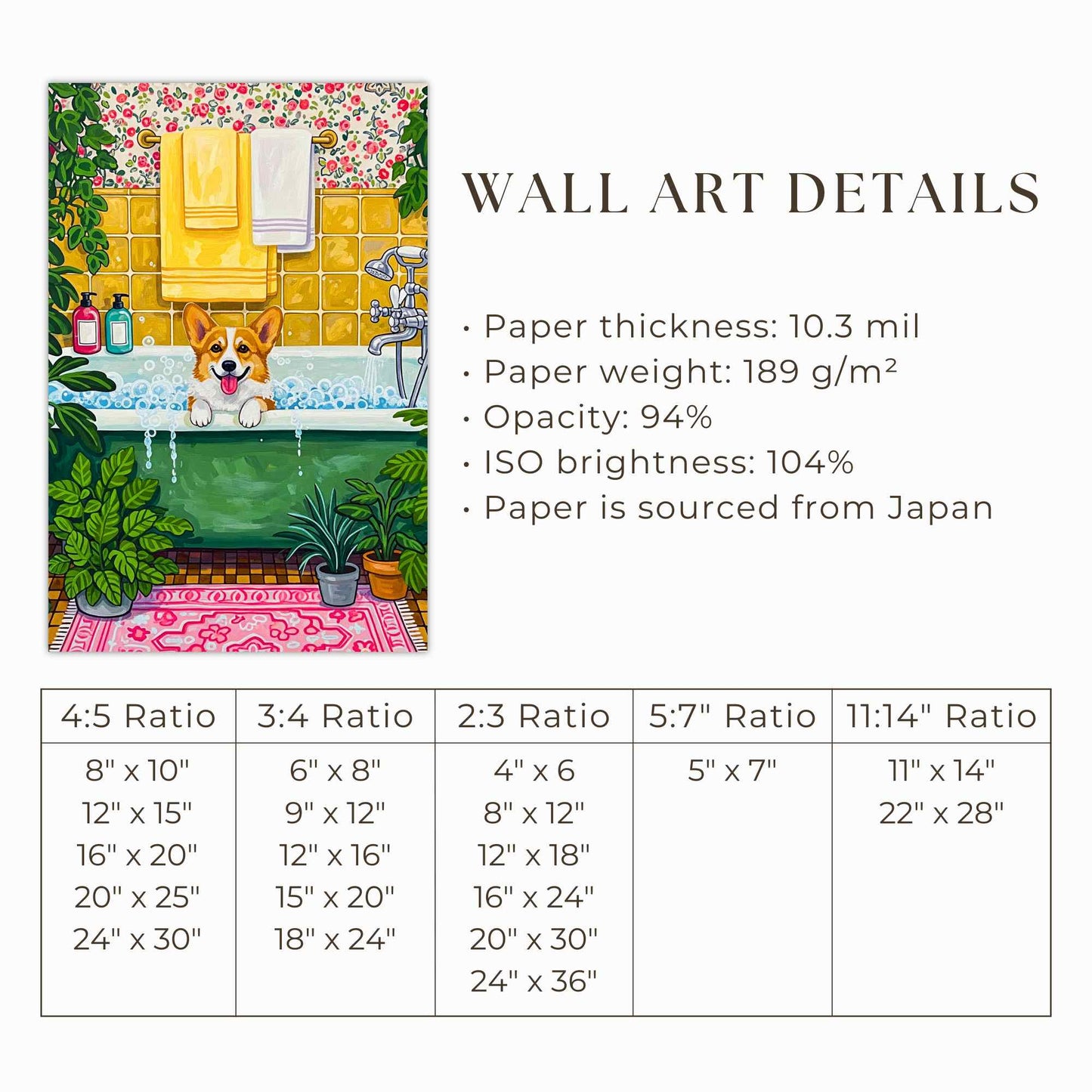 Corgi bubble bath illustration whimsical dog bathroom art cozy home decor by YunaMoona