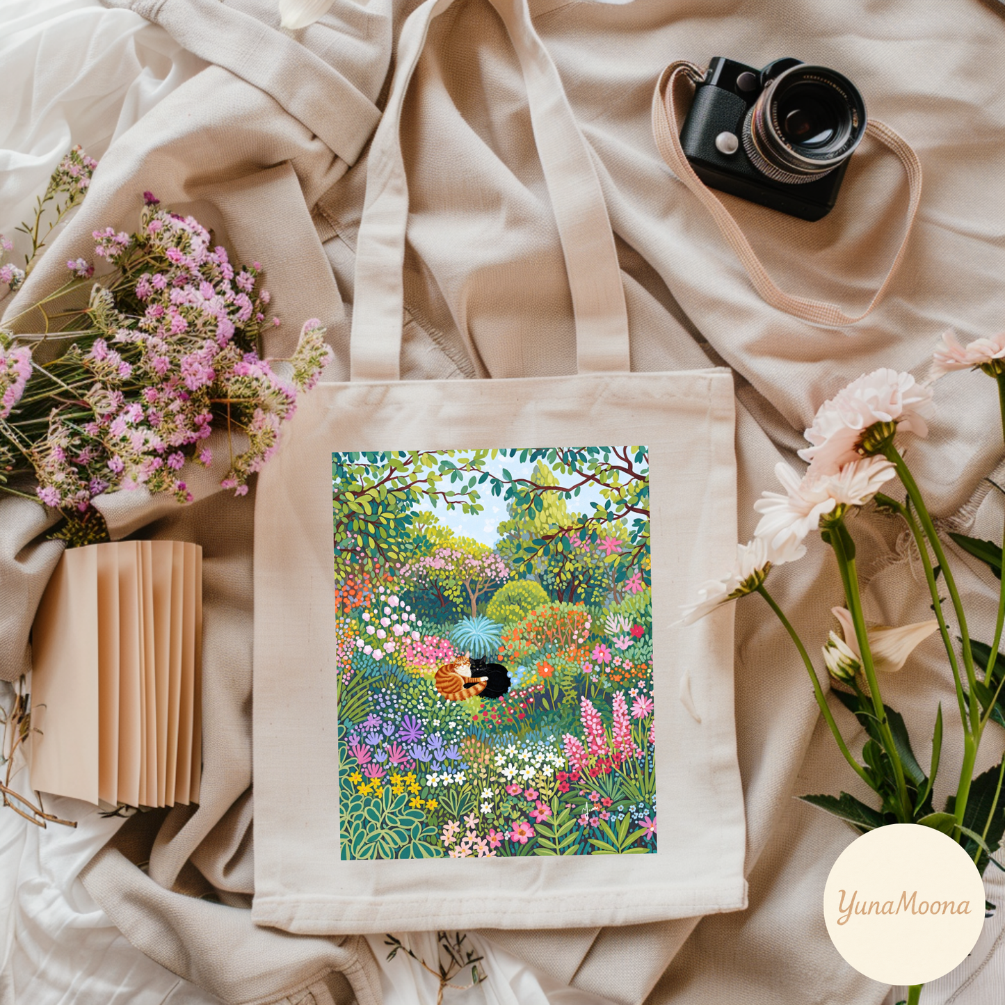 Floral Garden Tote Bag - Eco-Friendly Carryall for Nature Lovers, Reusable Shopping Bag, Gift for Her, Summer Outings, Art-Inspired, Cute Cat Couple Tote Bag