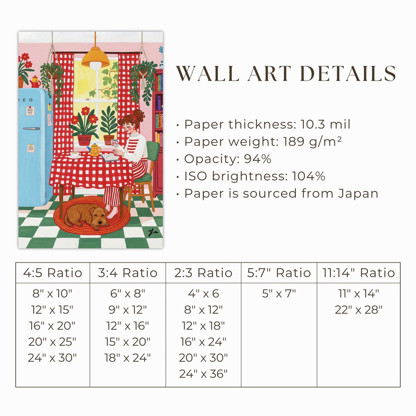 Cozy Kitchen Illustration with Red Checkered Curtains and Brown Goldendoodle Dog Print