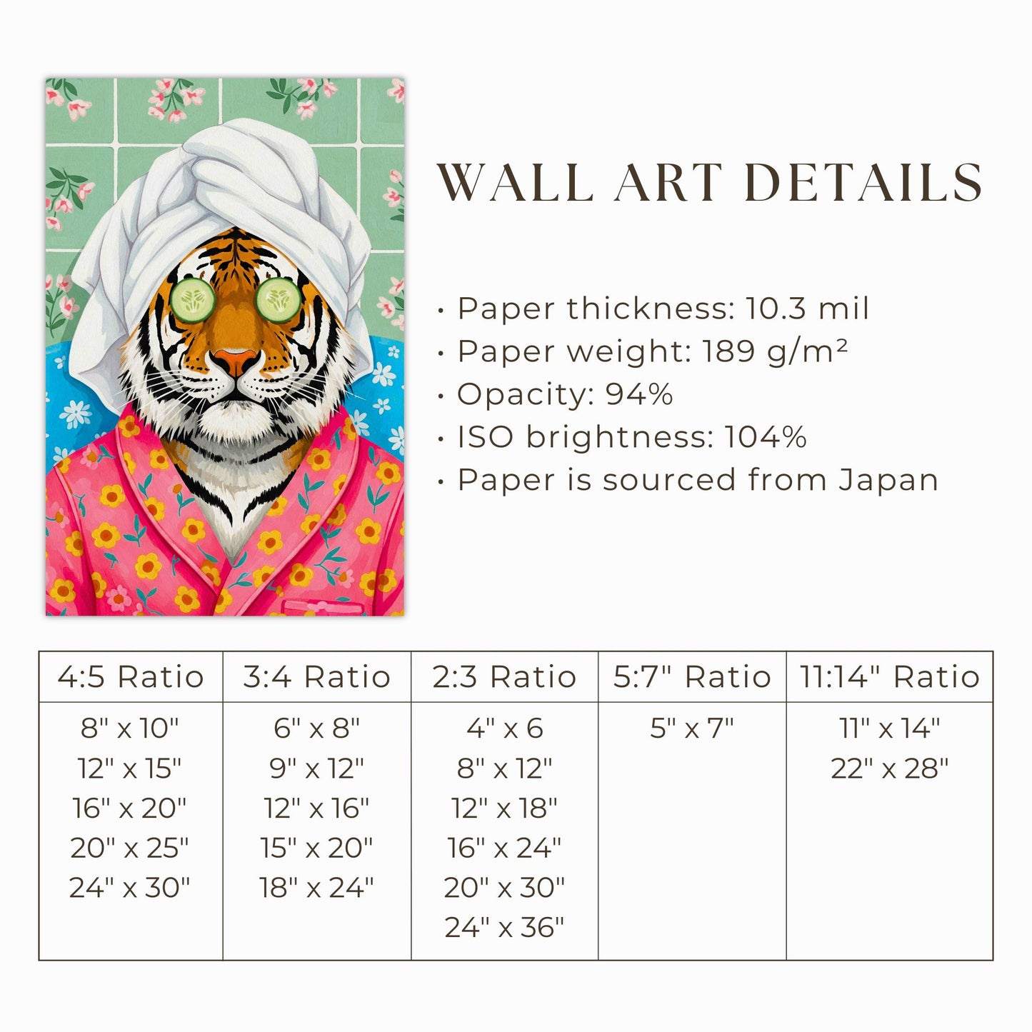 Spa tiger in floral robe relaxing with cucumber mask whimsical animal art by YunaMoona