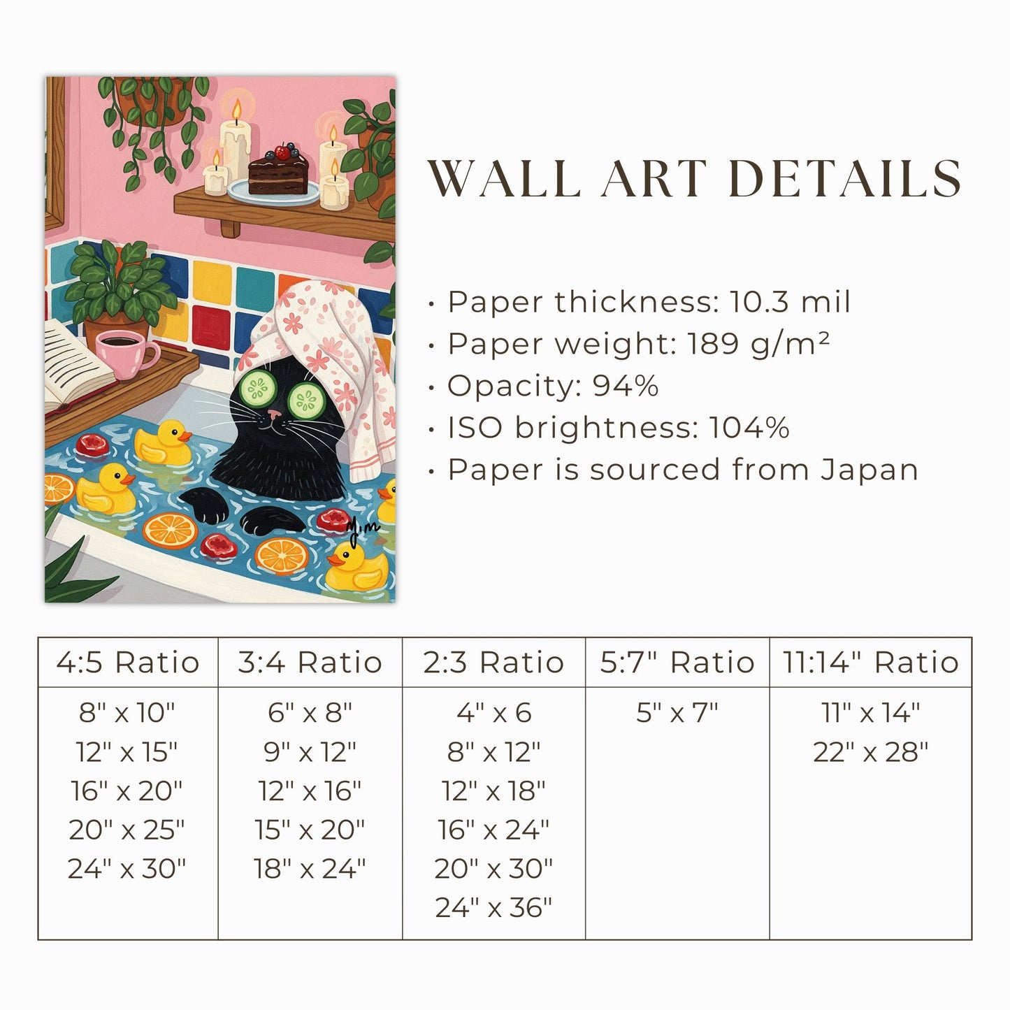 Cute Black Cat Spa Wall Art Relaxing Bathtub Illustration with Rubber Ducks Cozy Bathroom