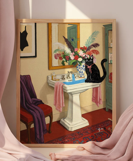 Black Cat Sitting on Sink Floral Bathroom Art Print Whimsical Vintage Interior Wall Decor with Feathers and Warm Colors by YunaMoona