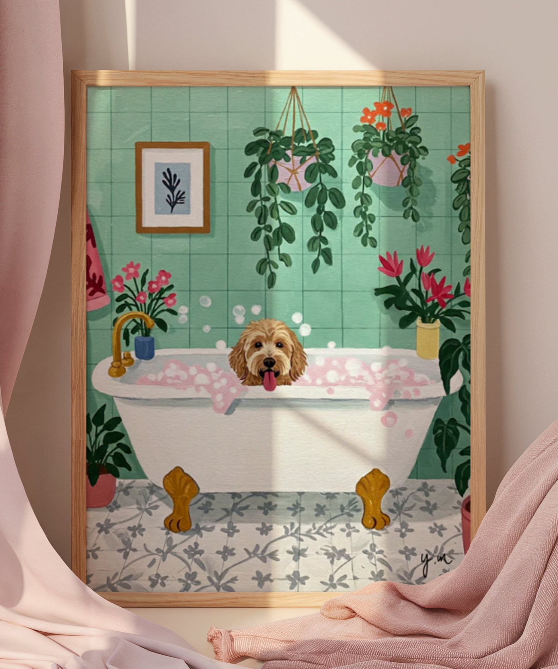 Illustration of a fluffy brown dog happily sitting in a vintage-style bathtub filled with pink bubbles in a green-tiled bathroom surrounded by hanging and potted plants. The dog looks joyful with its tongue out. The bathroom features leafy greenery blooming pink and red flowers and cozy decor including framed art and a red robe. The atmosphere is fresh cheerful and botanical perfect for dog and plant lovers alike.