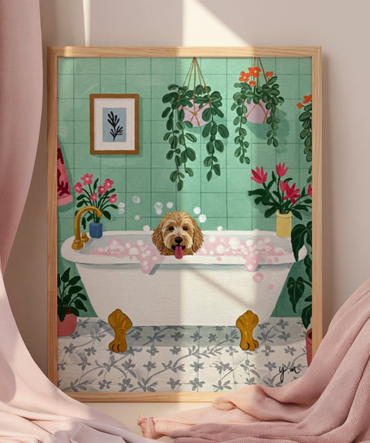 Illustration of a fluffy brown dog happily sitting in a vintage-style bathtub filled with pink bubbles in a green-tiled bathroom surrounded by hanging and potted plants. The dog looks joyful with its tongue out. The bathroom features leafy greenery blooming pink and red flowers and cozy decor including framed art and a red robe. The atmosphere is fresh cheerful and botanical perfect for dog and plant lovers alike.