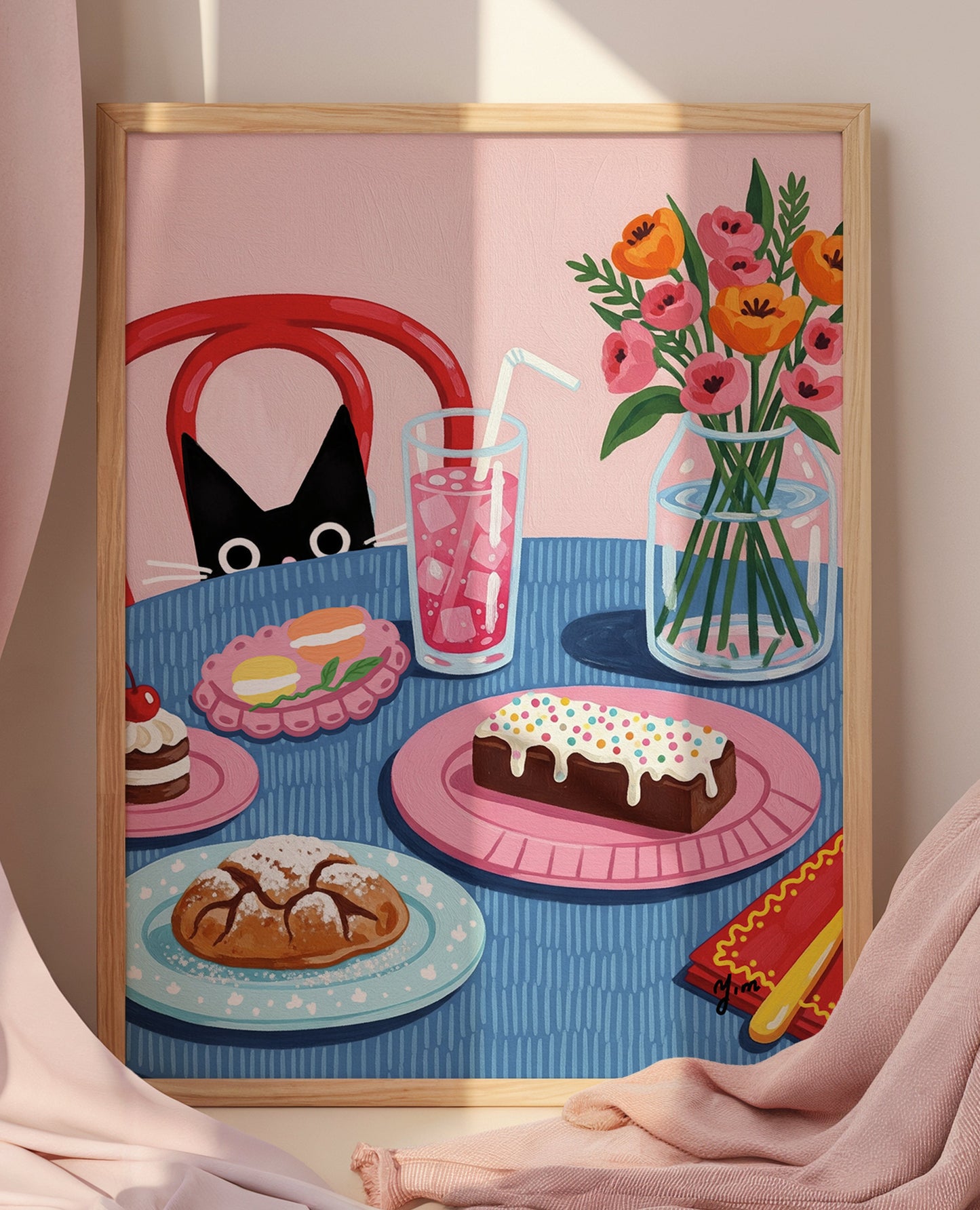 The “Curious Cat Dessert Table Art Print” features an adorable cat gazing curiously at a whimsical dessert table, illustrated with delicate and vibrant floral elements. The print showcases a variety of colorful sweets such as cakes, cupcakes, and macarons, rendered with detailed brushstrokes and bright pastel tones. The cat’s charming expression and the floral decorations on the table create a warm and enchanting atmosphere. This artwork blends soft colors and intricate details to bring life and cheerfulnes