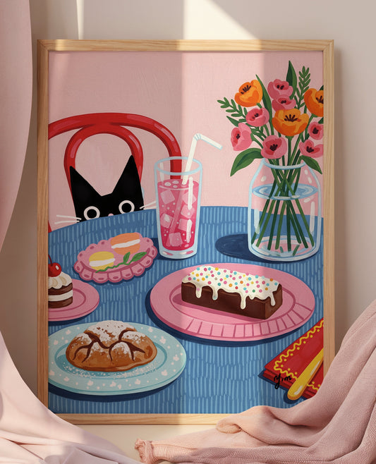 The “Curious Cat Dessert Table Art Print” features an adorable cat gazing curiously at a whimsical dessert table, illustrated with delicate and vibrant floral elements. The print showcases a variety of colorful sweets such as cakes, cupcakes, and macarons, rendered with detailed brushstrokes and bright pastel tones. The cat’s charming expression and the floral decorations on the table create a warm and enchanting atmosphere. This artwork blends soft colors and intricate details to bring life and cheerfulnes
