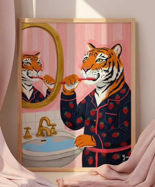 Tiger brushing teeth in pink bathroom mirror cute animal illustration fun kids room art print wall decor gift Poster