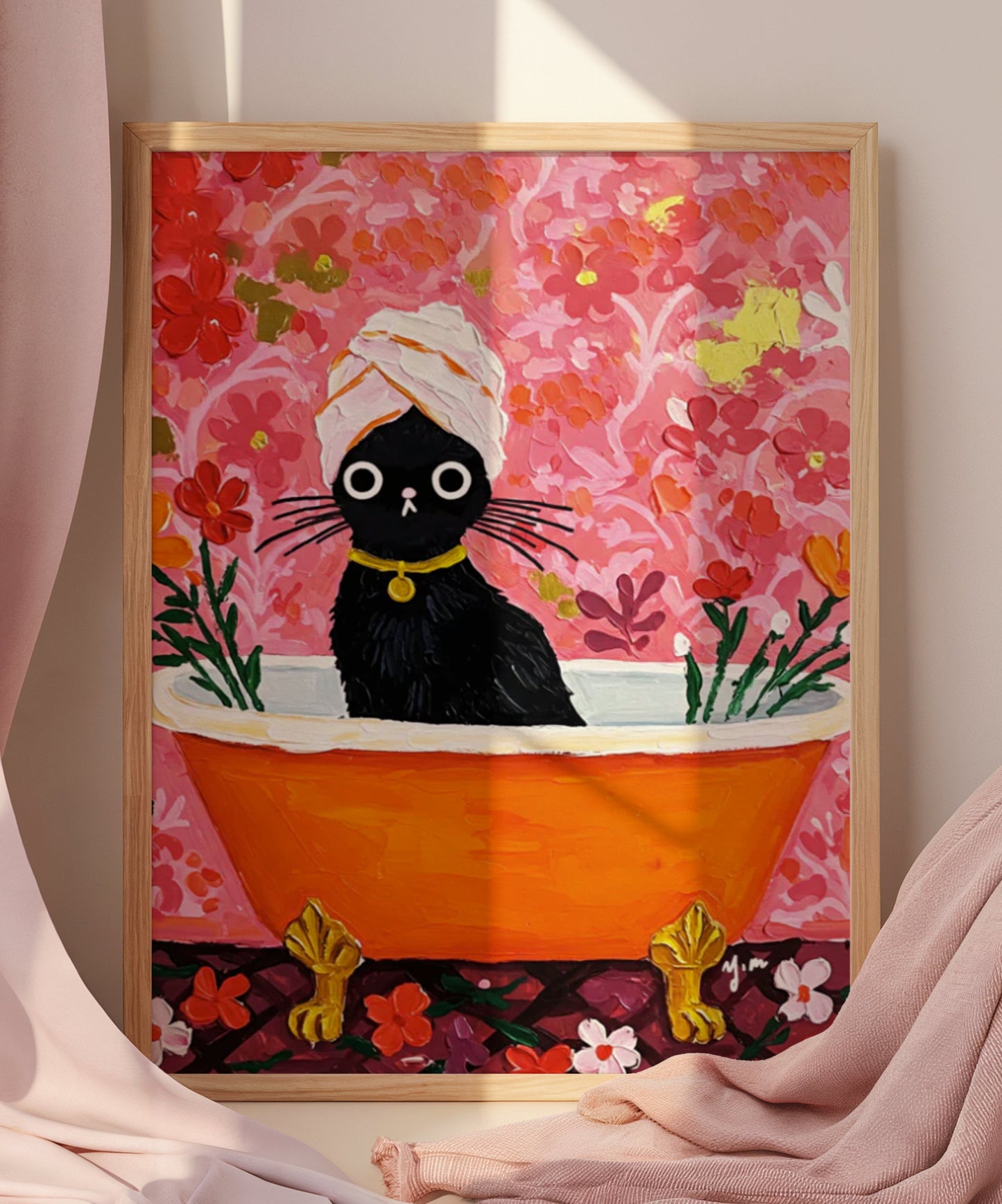 Black cat taking a bath in vivid orange pink minimal bathtub art print modern wall decor for bathroom