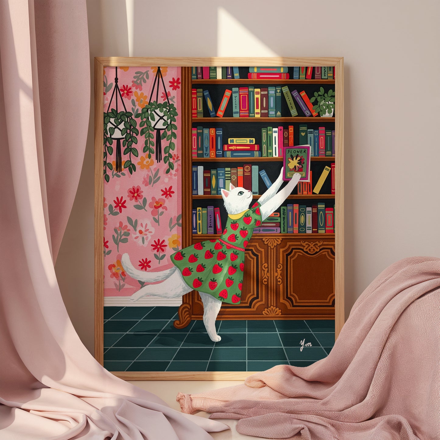 Whimsical illustration of a white cat in a strawberry dress reaching for a book in a vintage library with floral wallpaper, plants, and colorful books.

