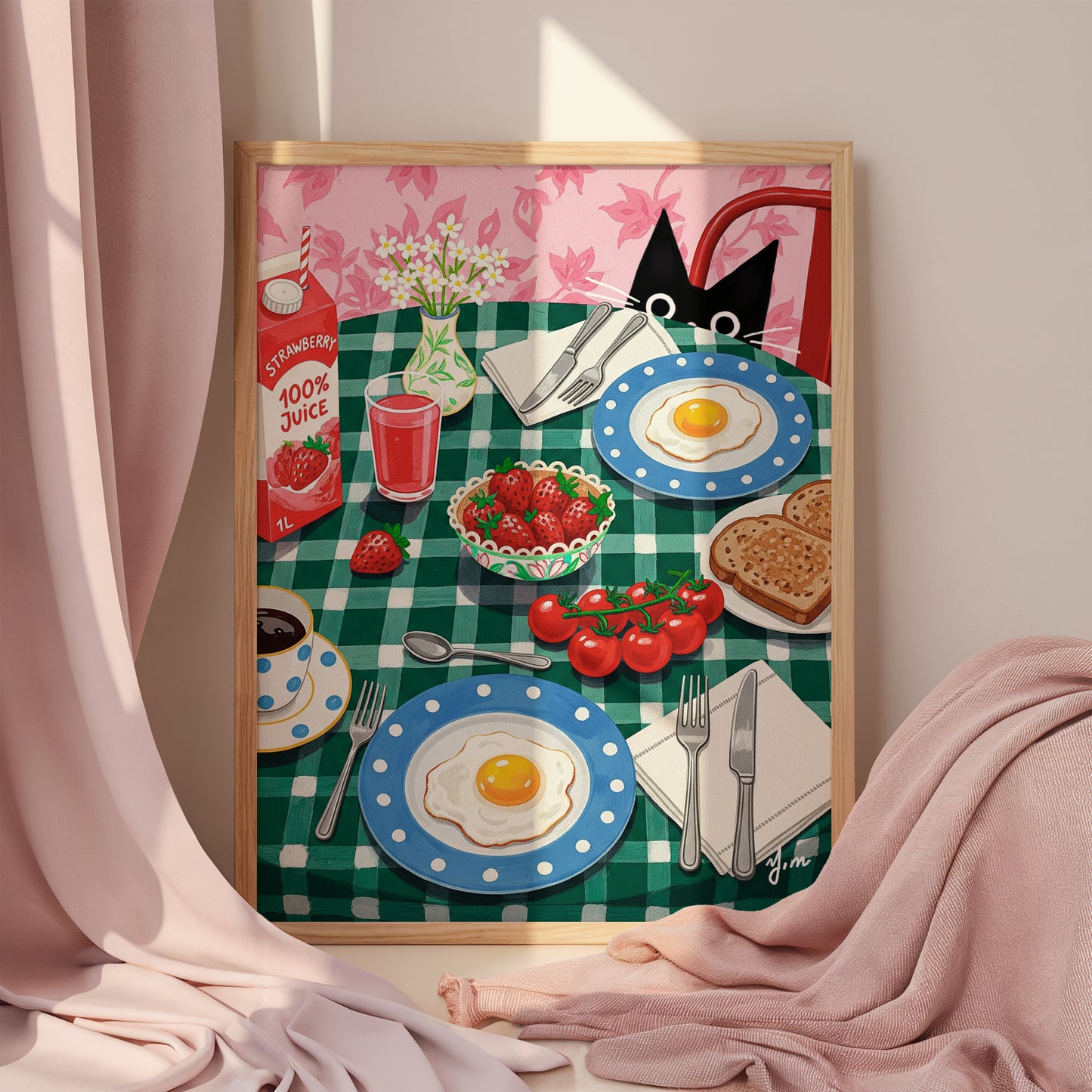 Whimsical Cat Breakfast Art Print – Cozy Morning Kitchen Decor with Strawberry Juice and Sunny Egg Poster