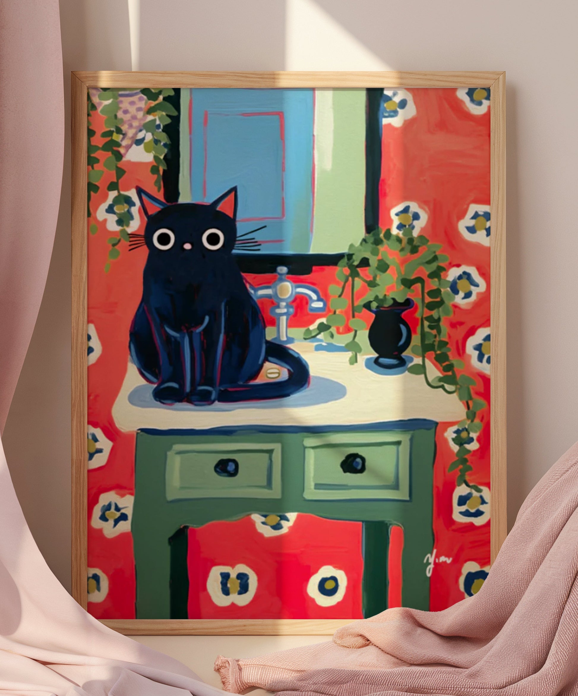 Black cat sitting on green sink with red floral wallpaper and hanging plants in whimsical bathroom scene