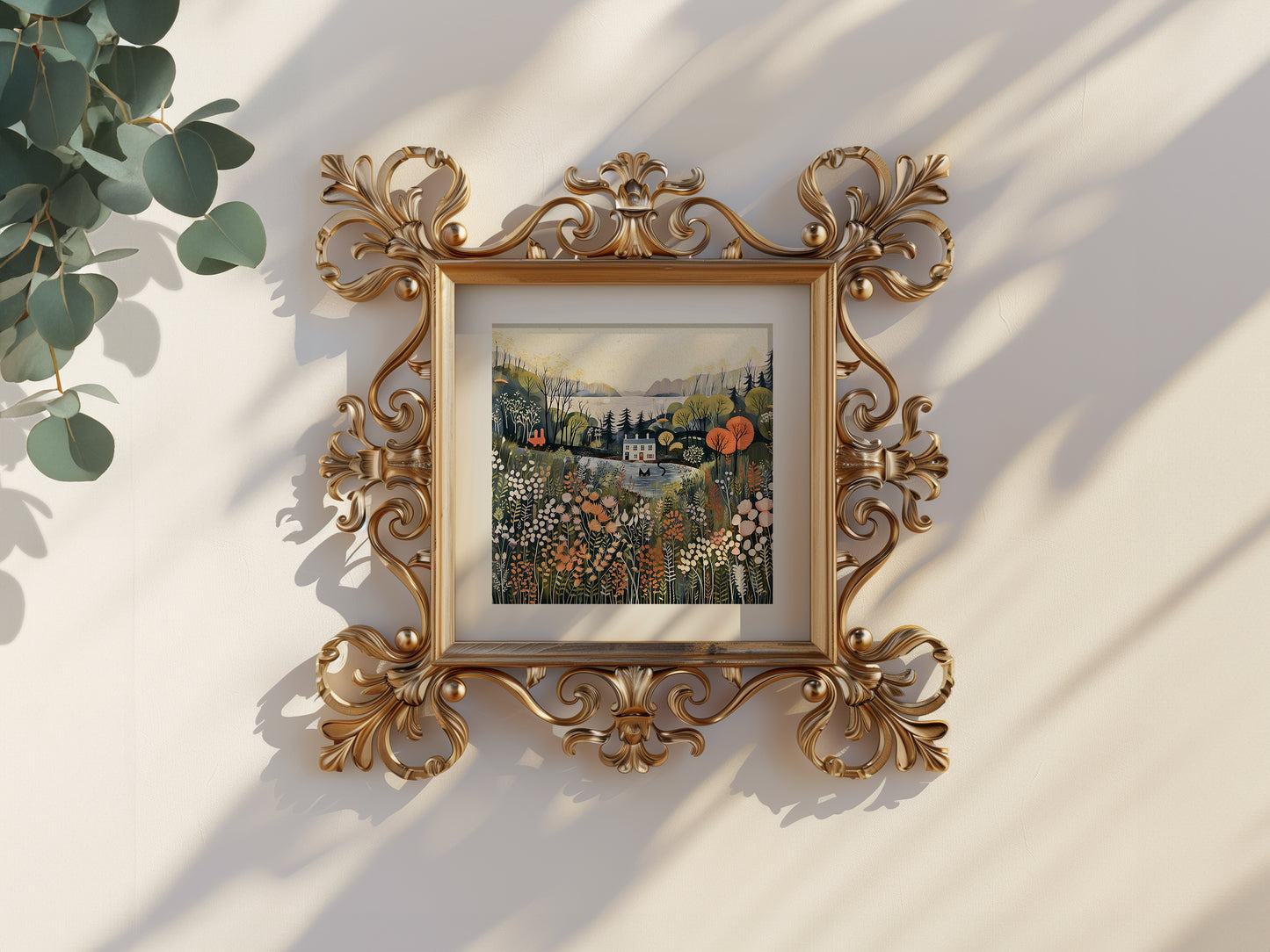 Black Cat in Pond with Summer Blooms Square Wall Art – Greenery Country Landscape Print Rare Farmhouse Floral Poster