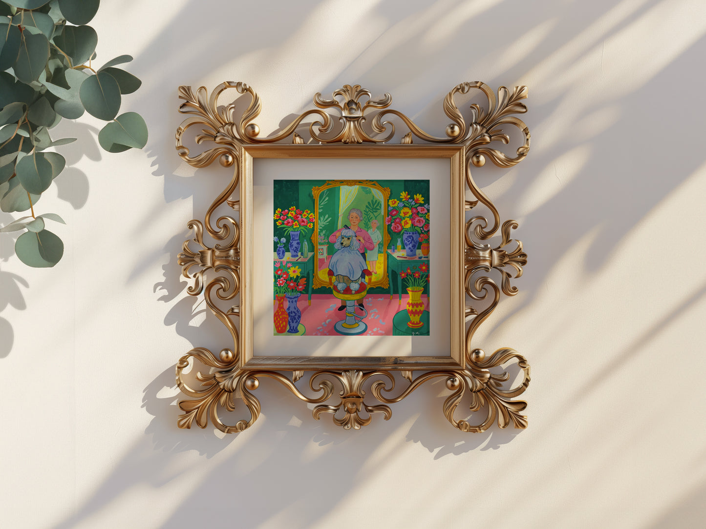 Toy Poodle Hair Salon Wall Art Green Floral Dog Grooming Illustration for Pet Lovers Poster