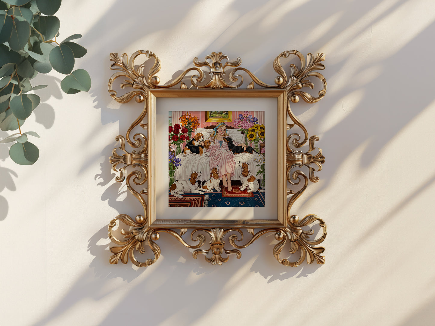 Girl with Dogs Art Print Romantic Floral Bedroom Whimsical Pet Illustration Wall Decor Poster