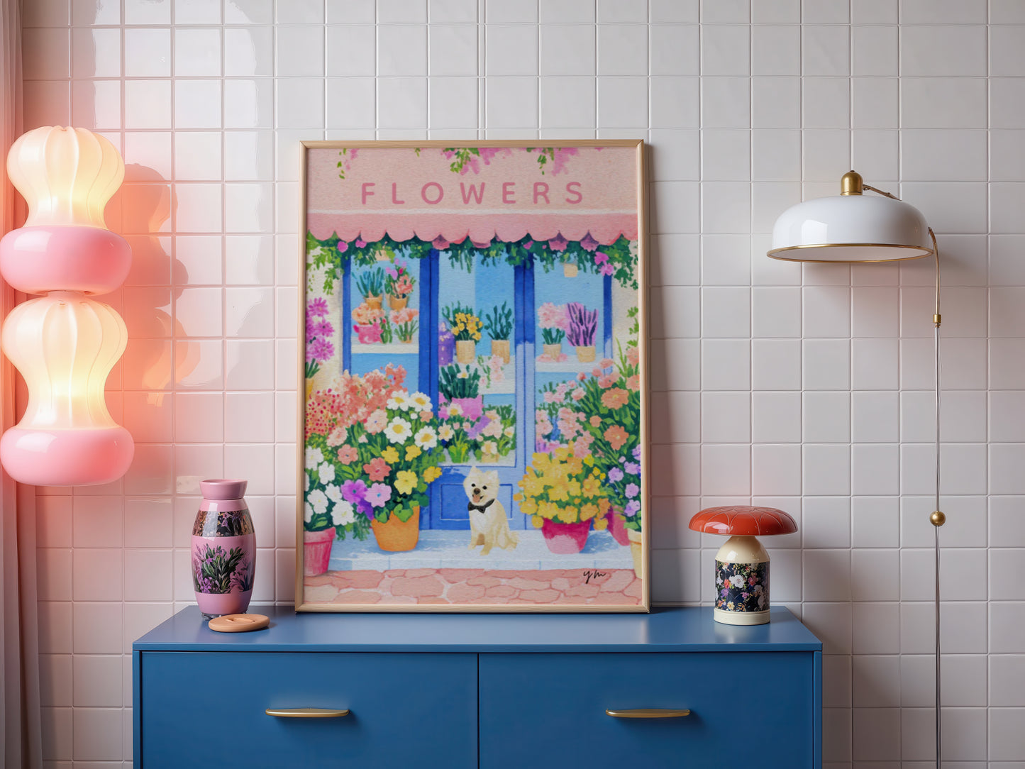 Cute Dog in Front of Colorful Flower Shop Wall Art Floral Boutique Print Spring Garden Dog Lover Poster French Market Illustration Poster