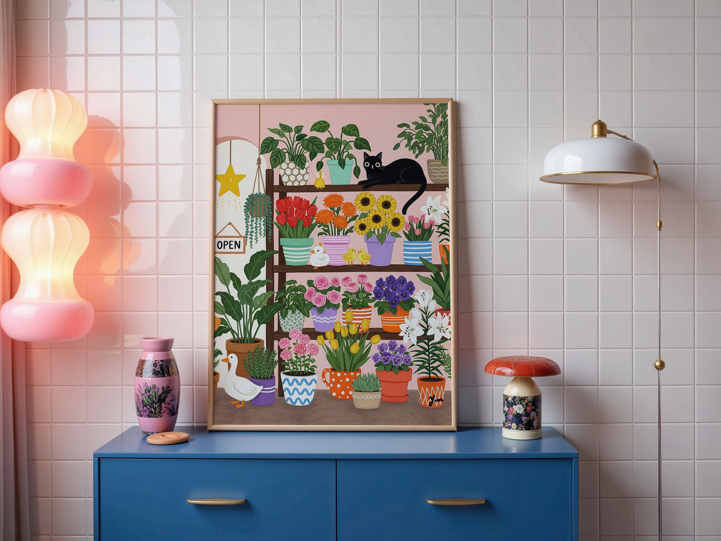Whimsical Floral Shop Art Print Black Cat and Ducks with Colorful Spring Flowers Poster