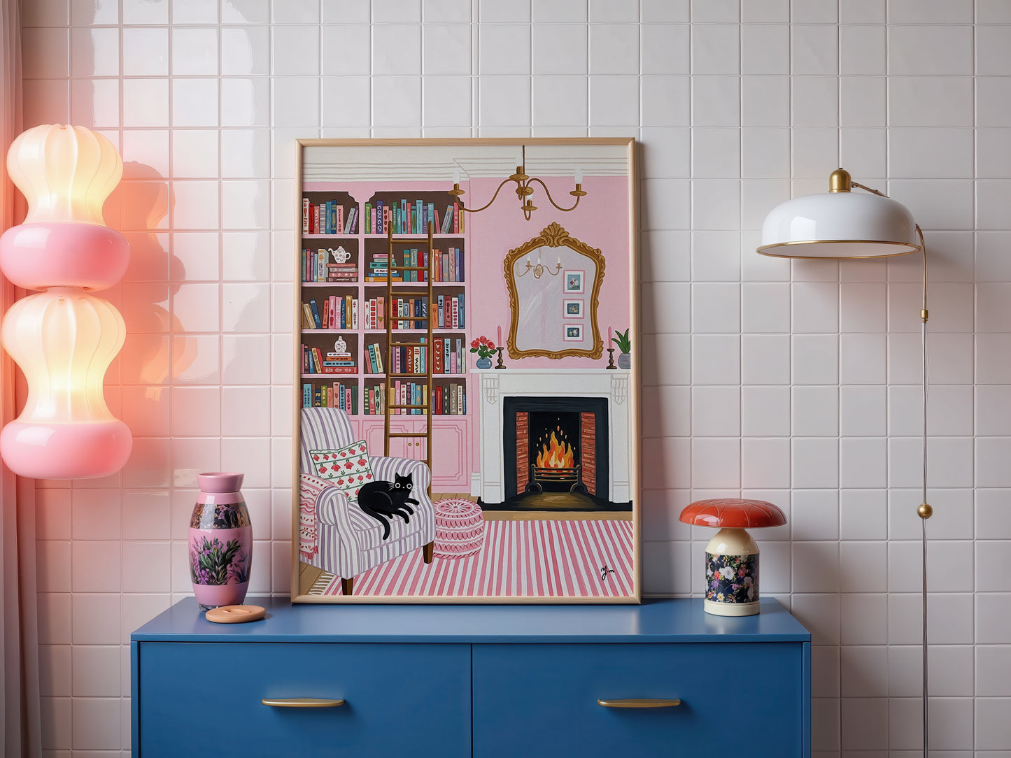 Cozy pink reading room illustration with bookshelves, fireplace, striped armchair, and a black cat resting.