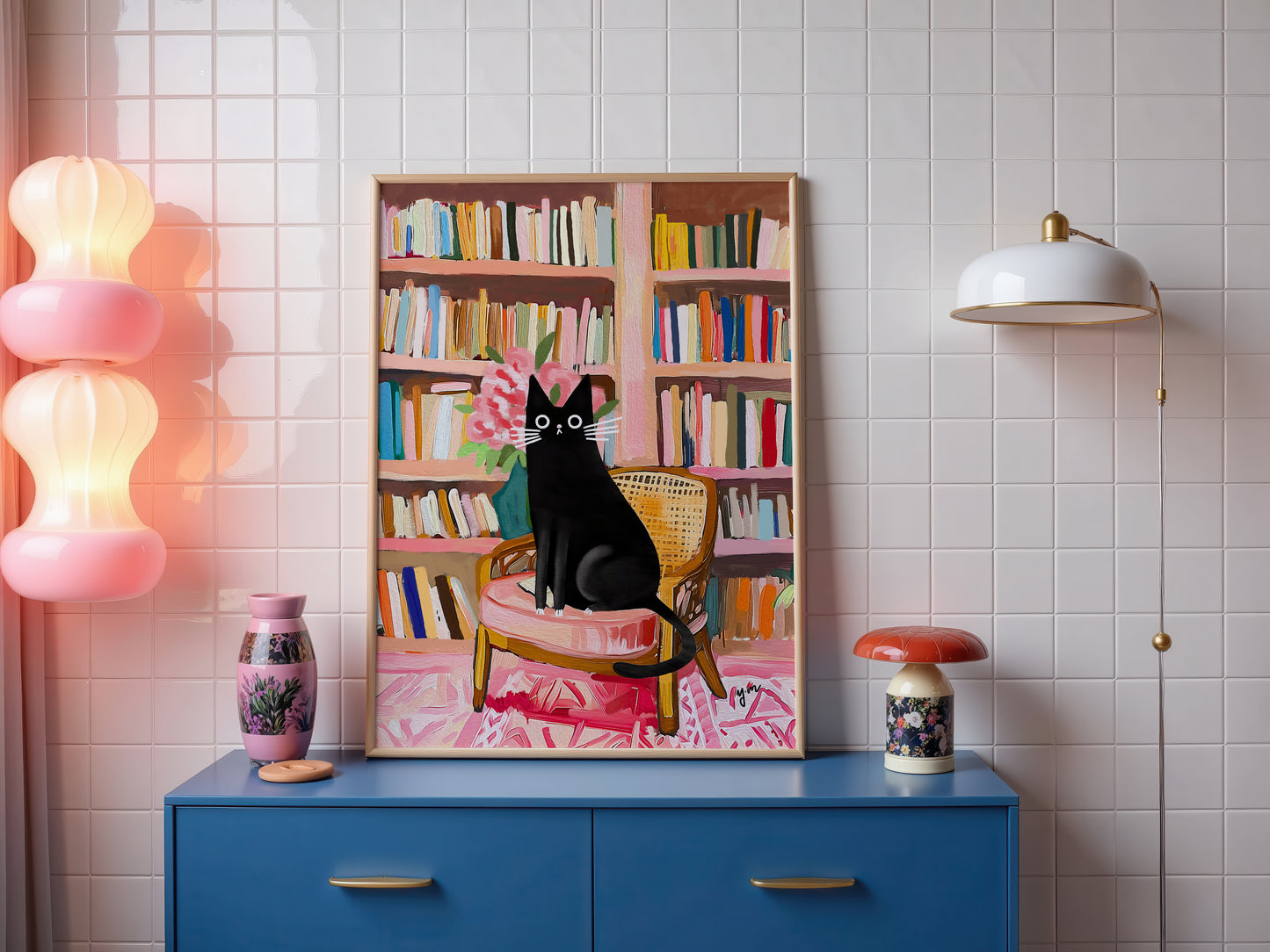 Black Tuxedo Cat in Cozy Library Art Print Whimsical Cute Cat Illustration Home Decor