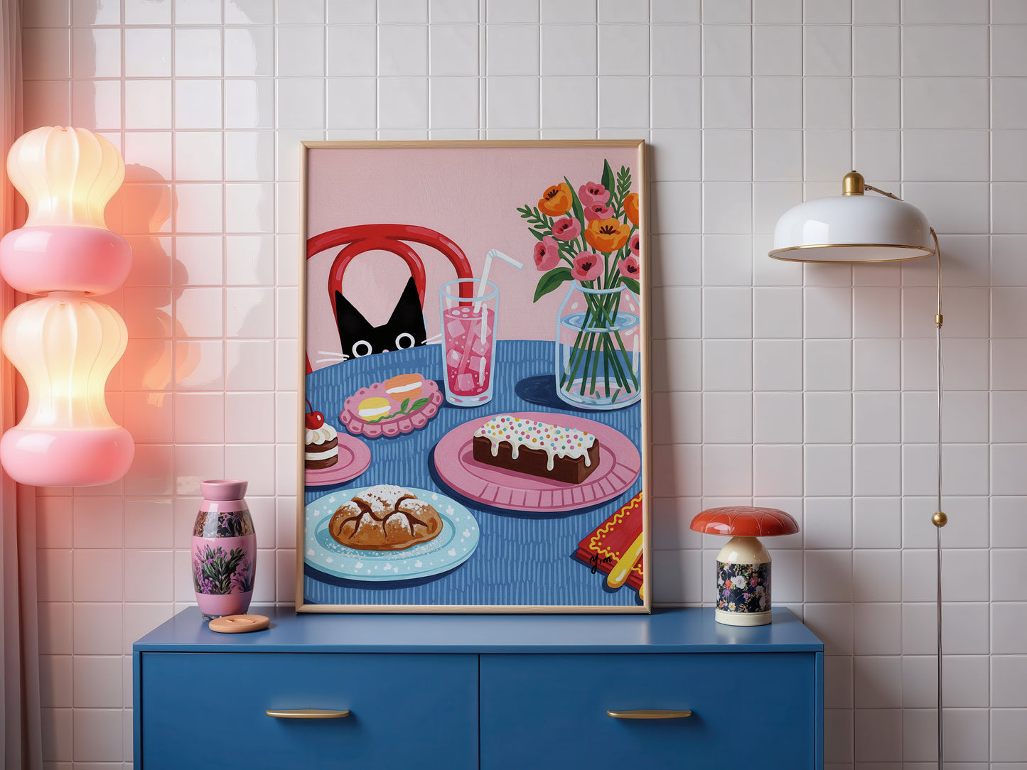 Curious Cat Dessert Table Art Print – Whimsical Sweets and Floral Illustration Poster