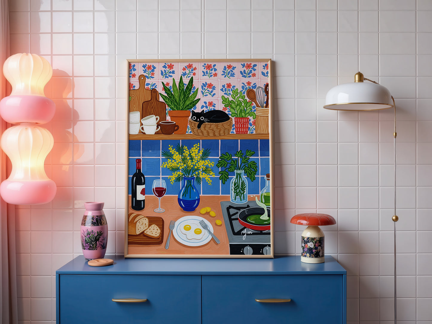 Black Cat Cozy Kitchen Breakfast Scene Rustic Floral Tile Illustration Art Print Poster