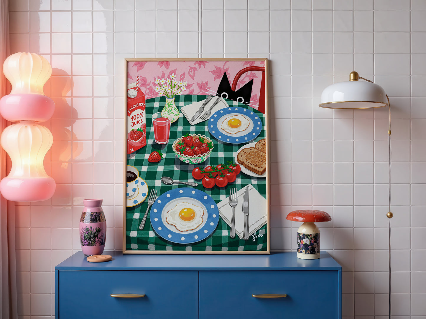 A black cat curiously peeks over a cozy breakfast table set with sunny-side-up eggs, toast, cherry tomatoes, strawberry juice, and a vintage blue polka-dot dish set. The whimsical, colorful scene creates a warm, cheerful morning atmosphere perfect for cat lovers and kitchen art enthusiasts.