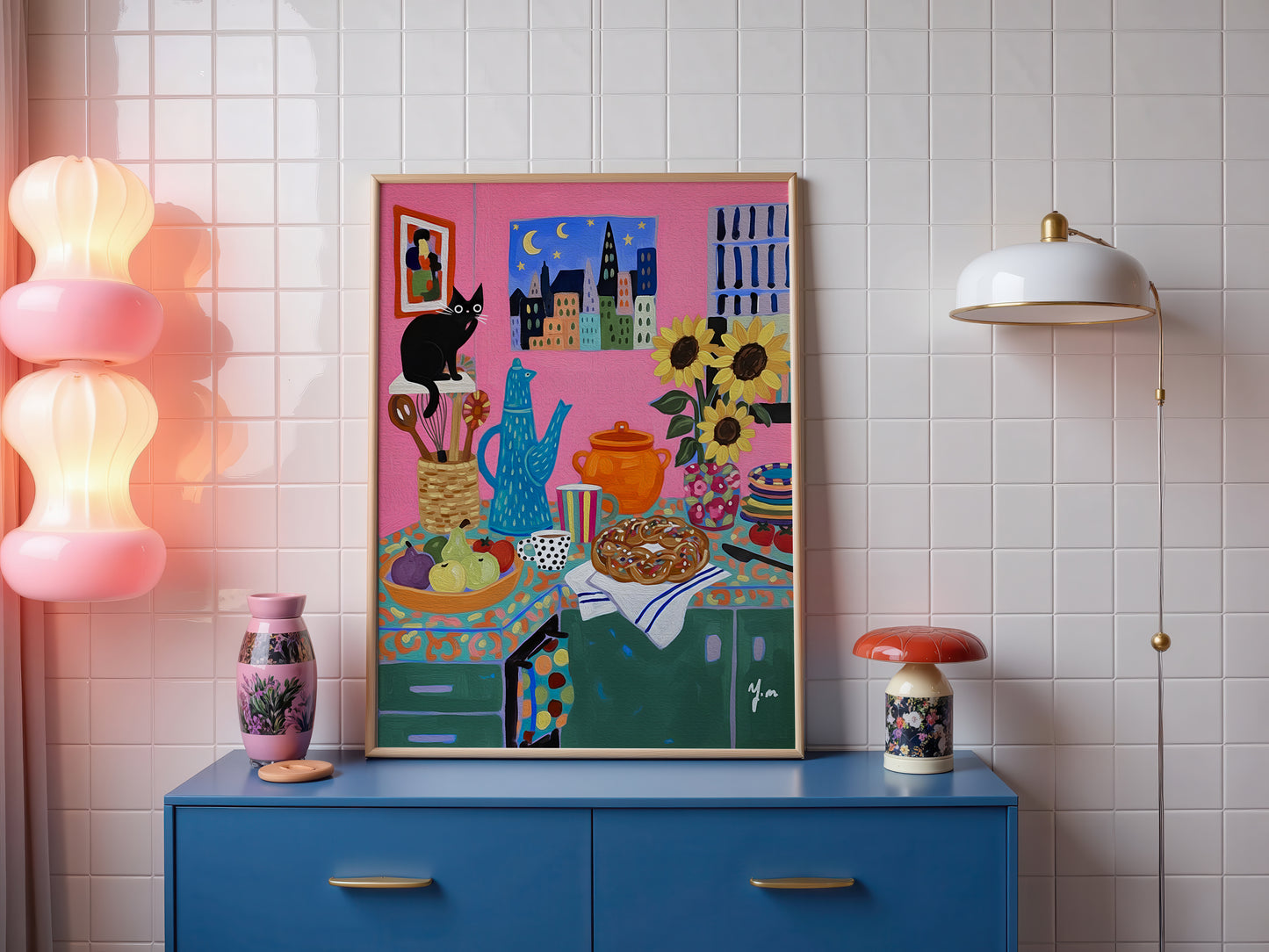 Colorful Whimsical Kitchen Art with Black Cat Sunflowers and Pastry by YunaMoona Poster