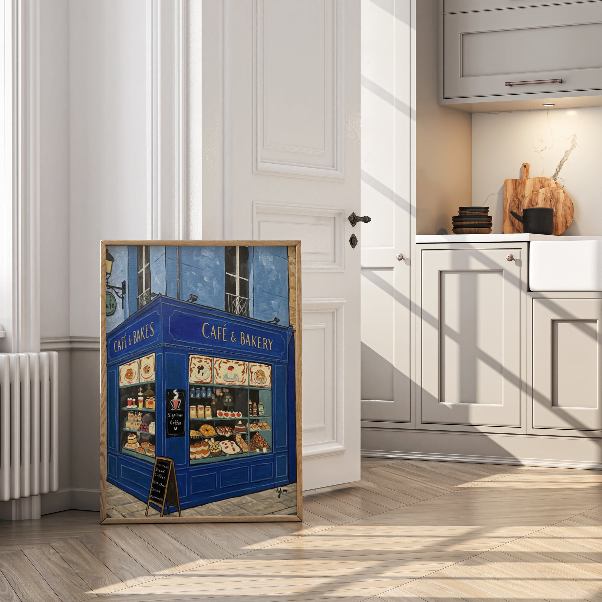 Whimsical blue Parisian café and bakery illustration with bread and pastries on a charming French street, perfect for kitchen wall decor