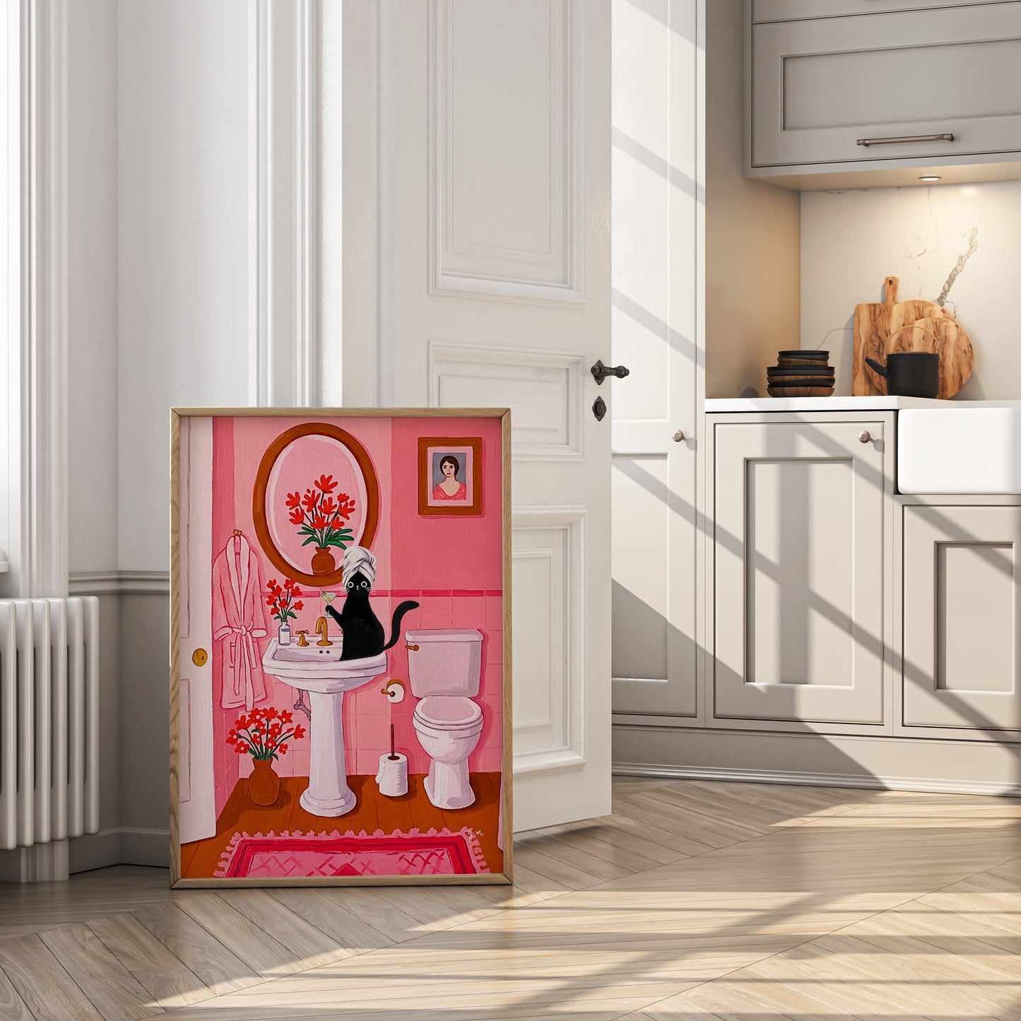 Black Cat with Martini in Pink Bathroom Sink Funny Cat Chic Bathroom Whimsical Cat Art