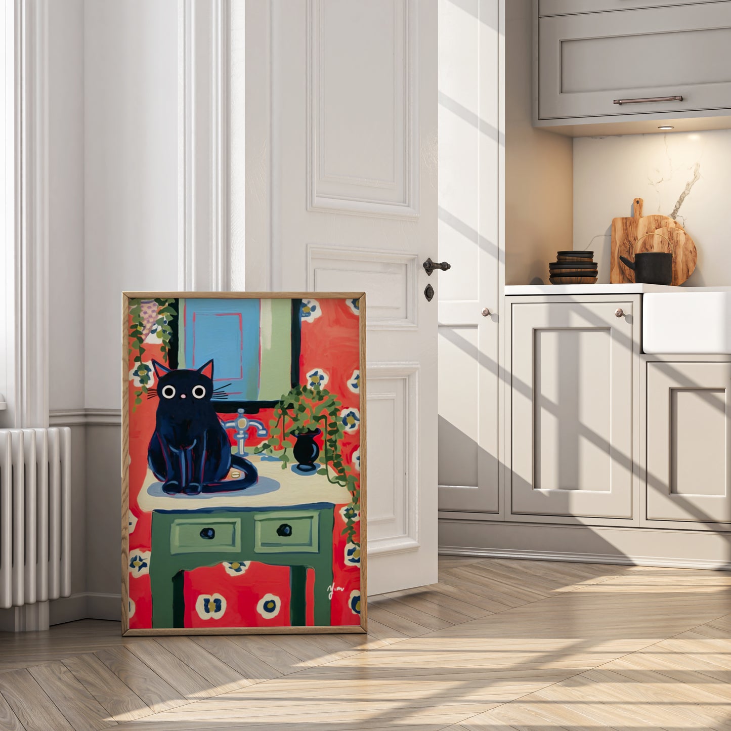 Whimsical Black Cat Bathroom Art Print with Retro Red Floral Wallpaper Print Poster