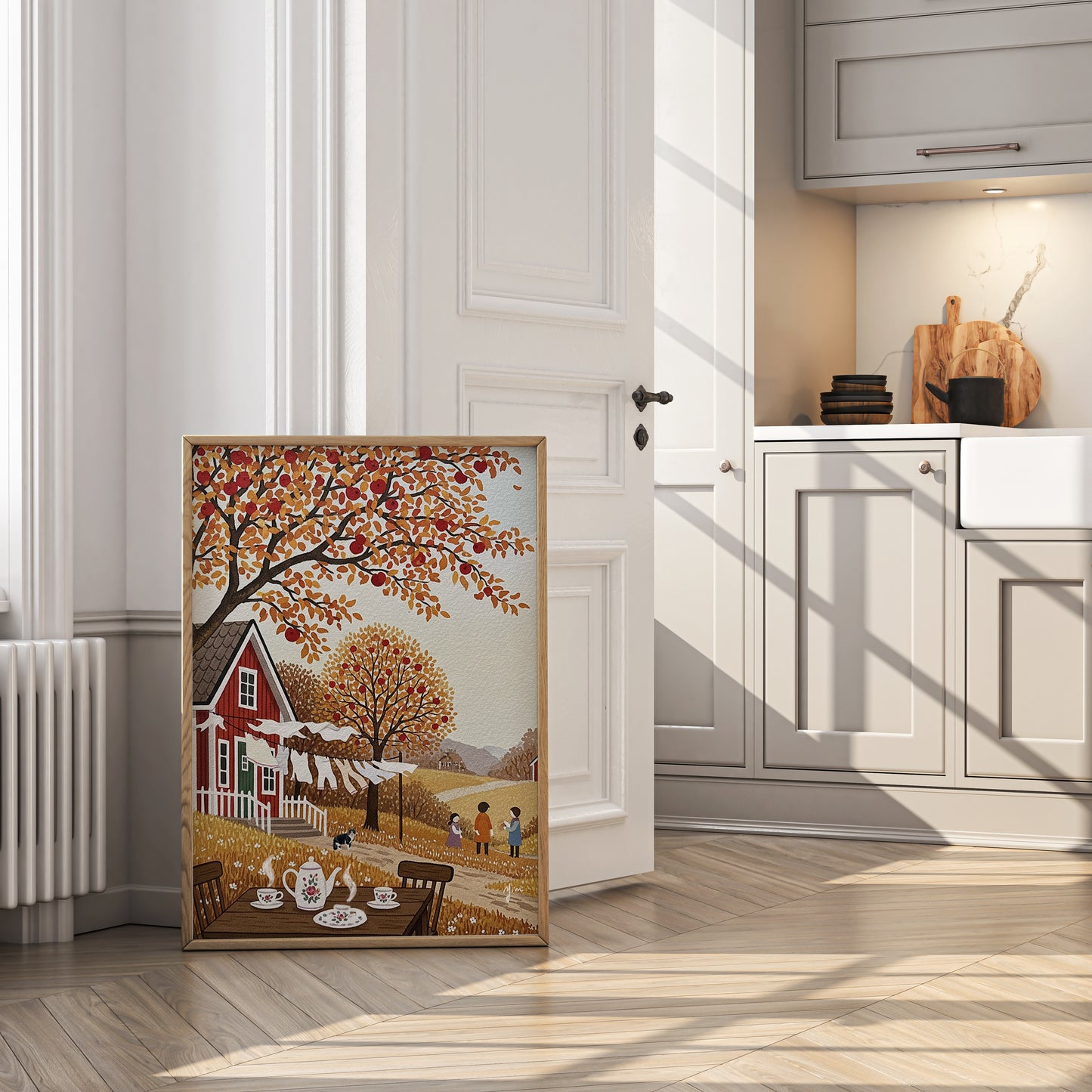 Autumn Countryside Stroll Tuxedo Cat Art Print – Cozy Fall Village Scene with Walking Cat – Rustic Landscape Decor for Cat Lovers