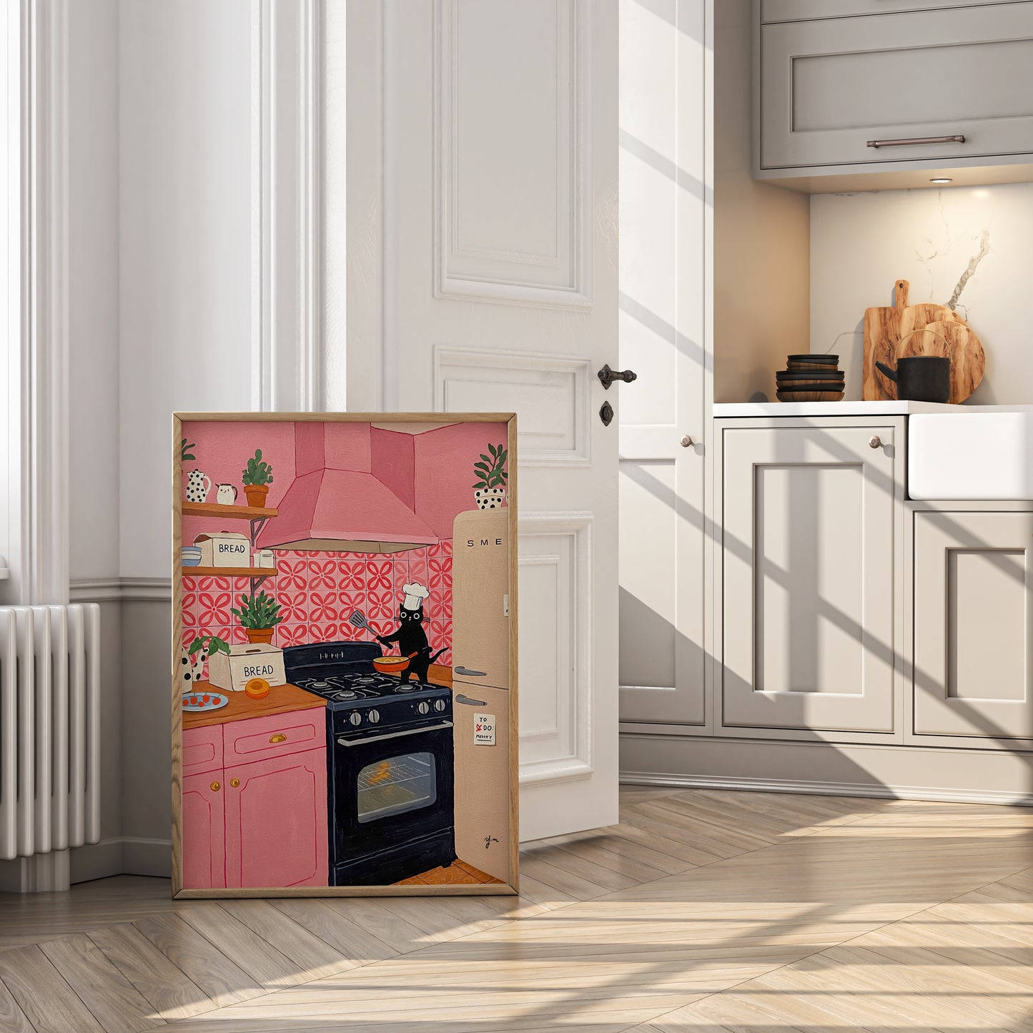 Trendy Aesthetic Black Cat Chef in Pink Kitchen – Cute Cooking Wall Art for Cat Lovers & Kitchen Decor Print Cat Lover Gift