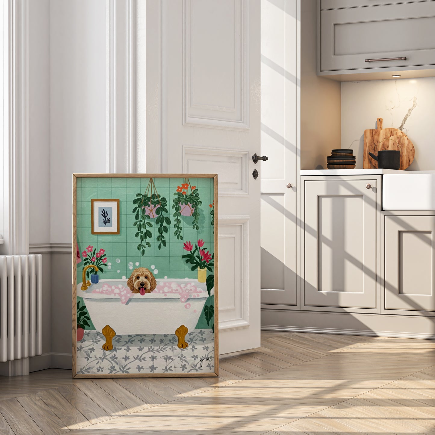 Cute Dog in Bubble Bath Wall Art Botanical Bathroom Print with Plants and Flowers Dog Lover Home Decor Poster