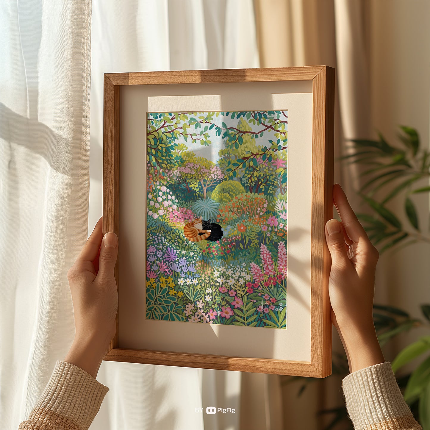 Botanical Flower Garden with Couple Cat Print Poster Plant Cat Print living room modern cat poster Vibrant Colorful Floral Art Watercolor Cat