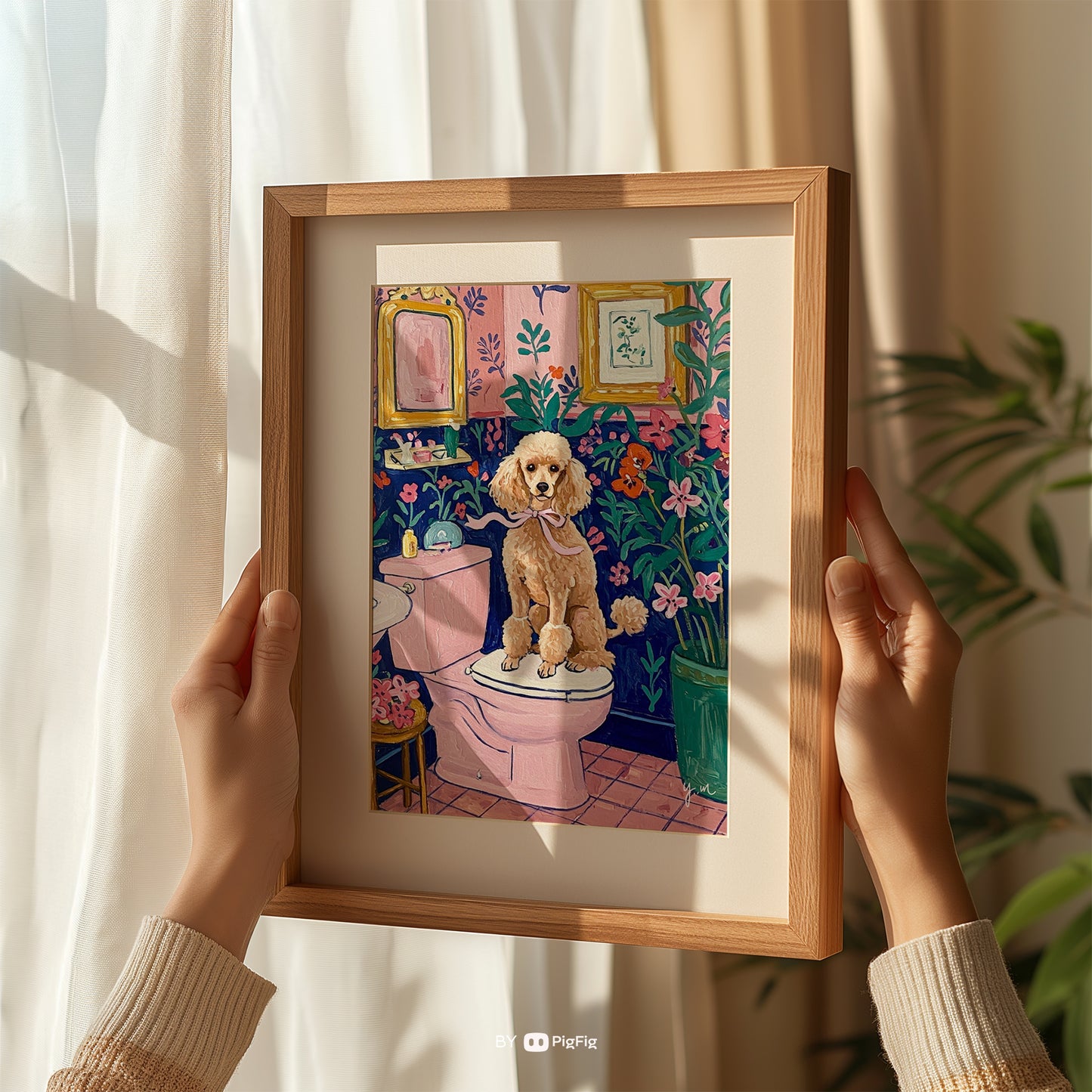 Toy poodle on Toilet Aesthetic pink bathroom wall art Henri Matisse art print Dopamine decor Gift for dog lovers Funny dog poster Fluffy dog