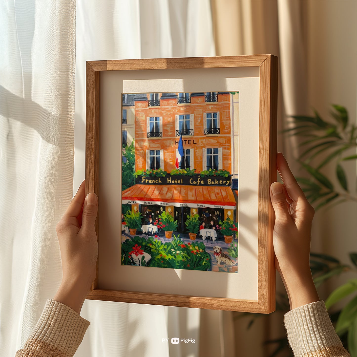 French Hotel Lobby Café Cozy Orange Interior with Garden and Cute Dog Poster, Breakfast Art, Brunch Café Interior Illustration