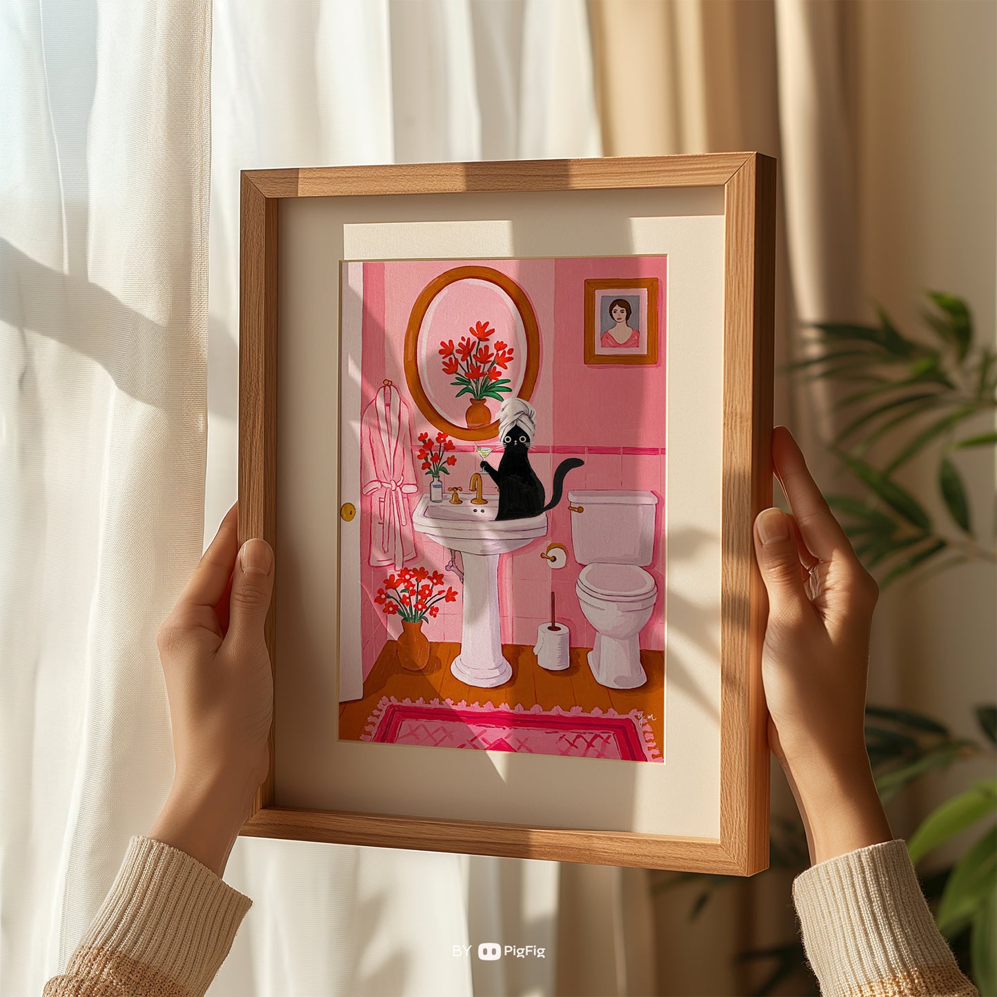 Black Cat with Martini in Pink Bathroom Sink Funny Cat Chic Bathroom Whimsical Cat Art