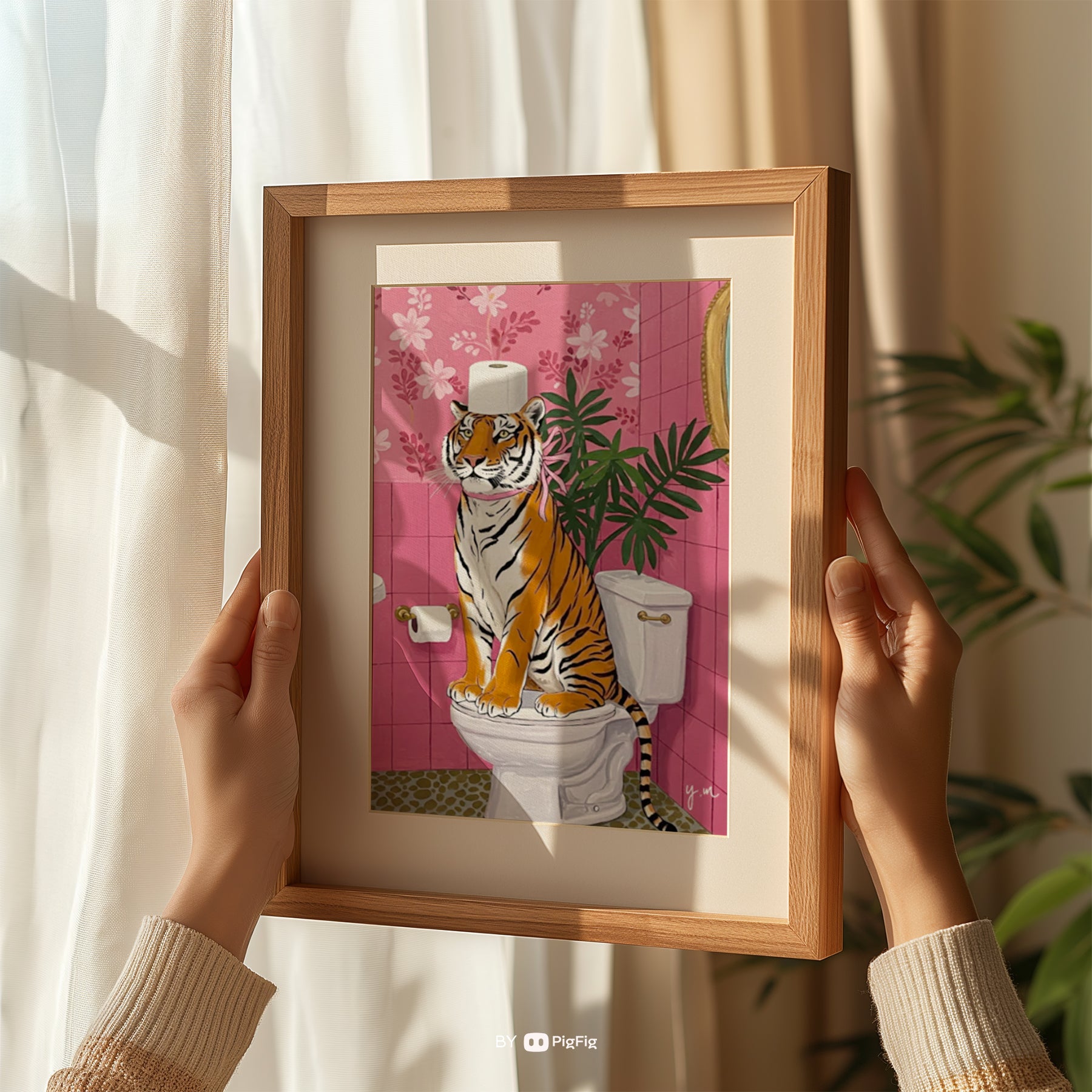 A colorful tiger sitting on a toilet in a tropical jungle-themed bathroom with bold dopamine colors and maximalist safari decor style