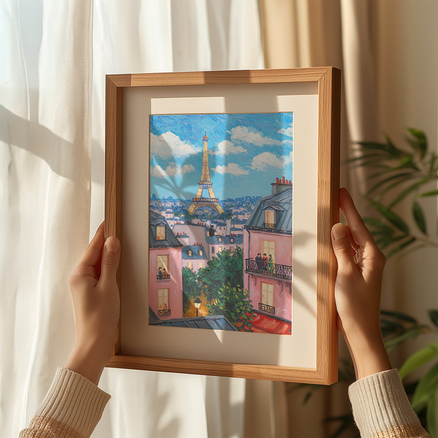 Paris Eiffel Tower Art Print Romantic Cityscape Wall Decor French Balcony Scene Poster